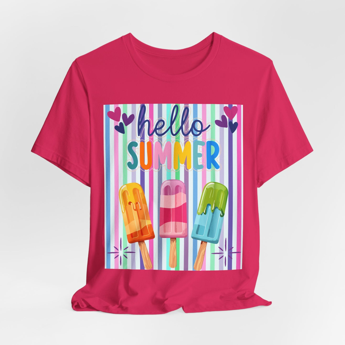 Sunflower Porch Co Hello Summer Popsicles T-Shirt | Colorful Stripes, Cute Ice Cream Design