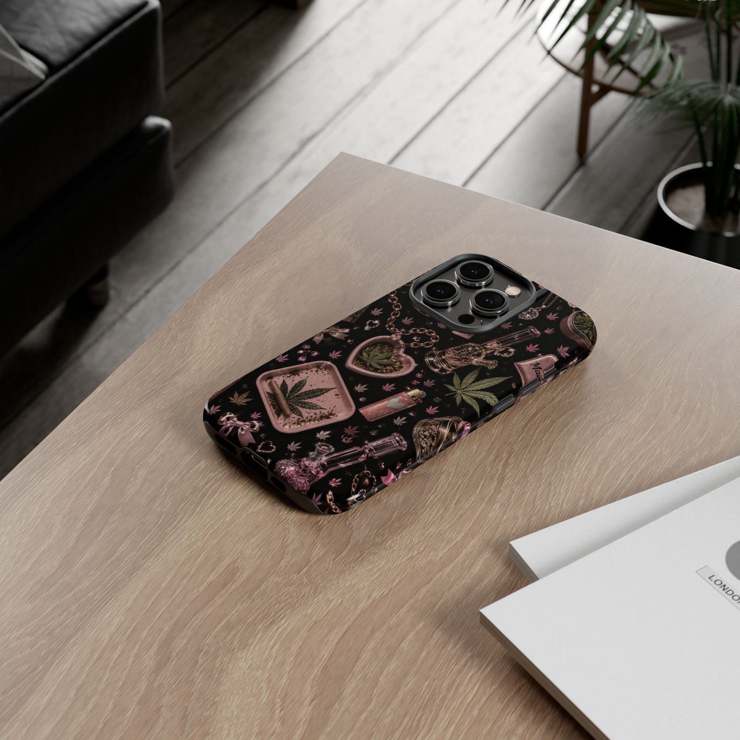 Sunflower Porch Co Pink Cannabis Pattern Tough Case | Weed Leaf Phone Case, Grinder & Lighter Design