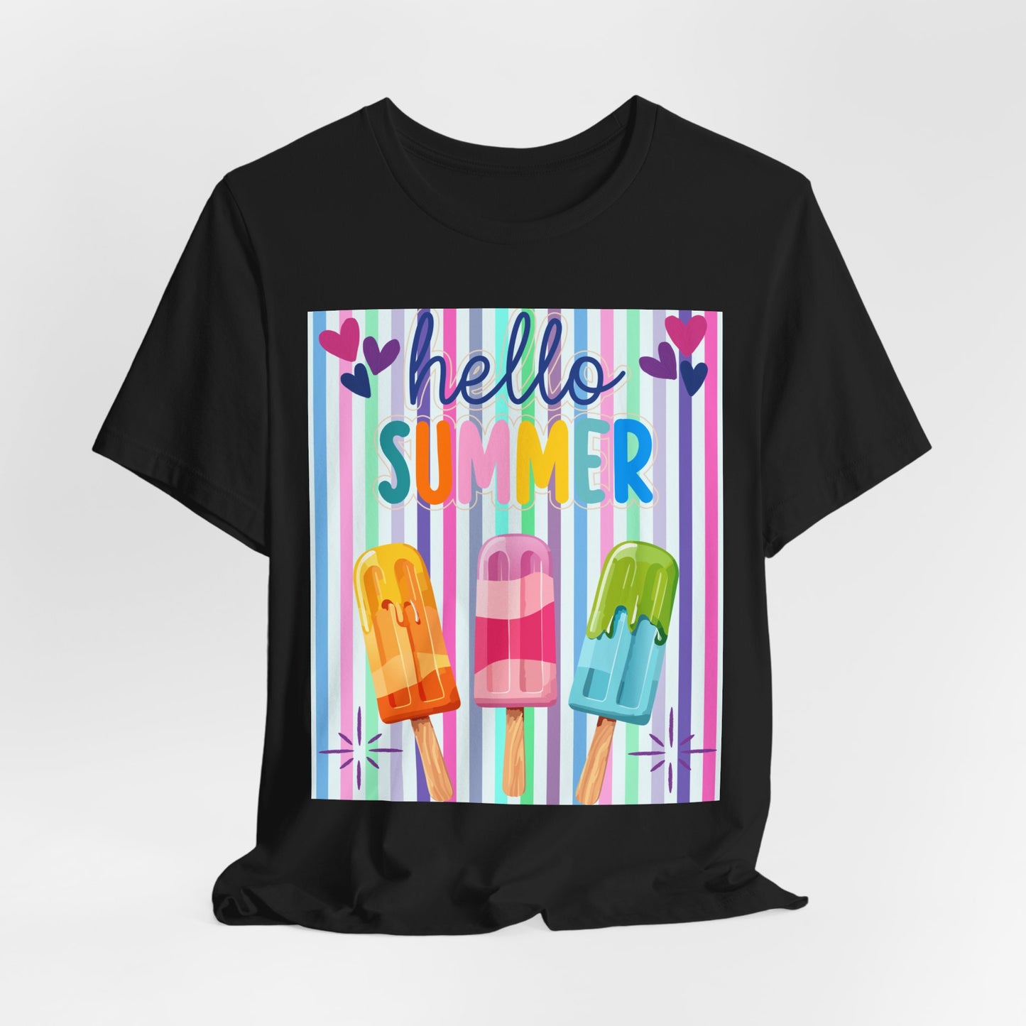 Sunflower Porch Co Hello Summer Popsicles T-Shirt | Colorful Stripes, Cute Ice Cream Design