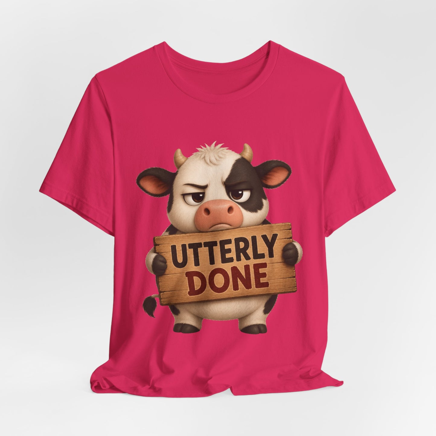 Sunflower Porch Co Utterly Done Cow Graphic Tee — Funny Cute Cow Holding 'Utterly Done' Sign