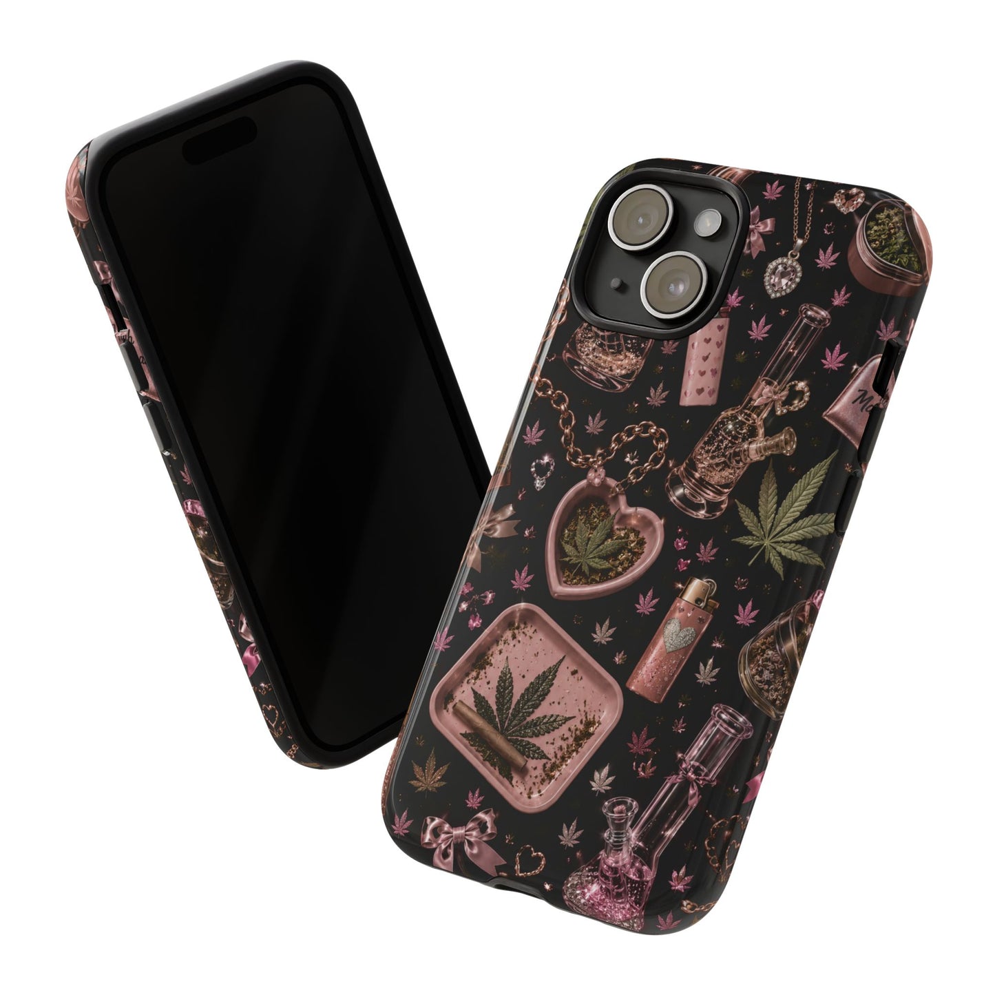 Sunflower Porch Co Pink Cannabis Pattern Tough Case | Weed Leaf Phone Case, Grinder & Lighter Design