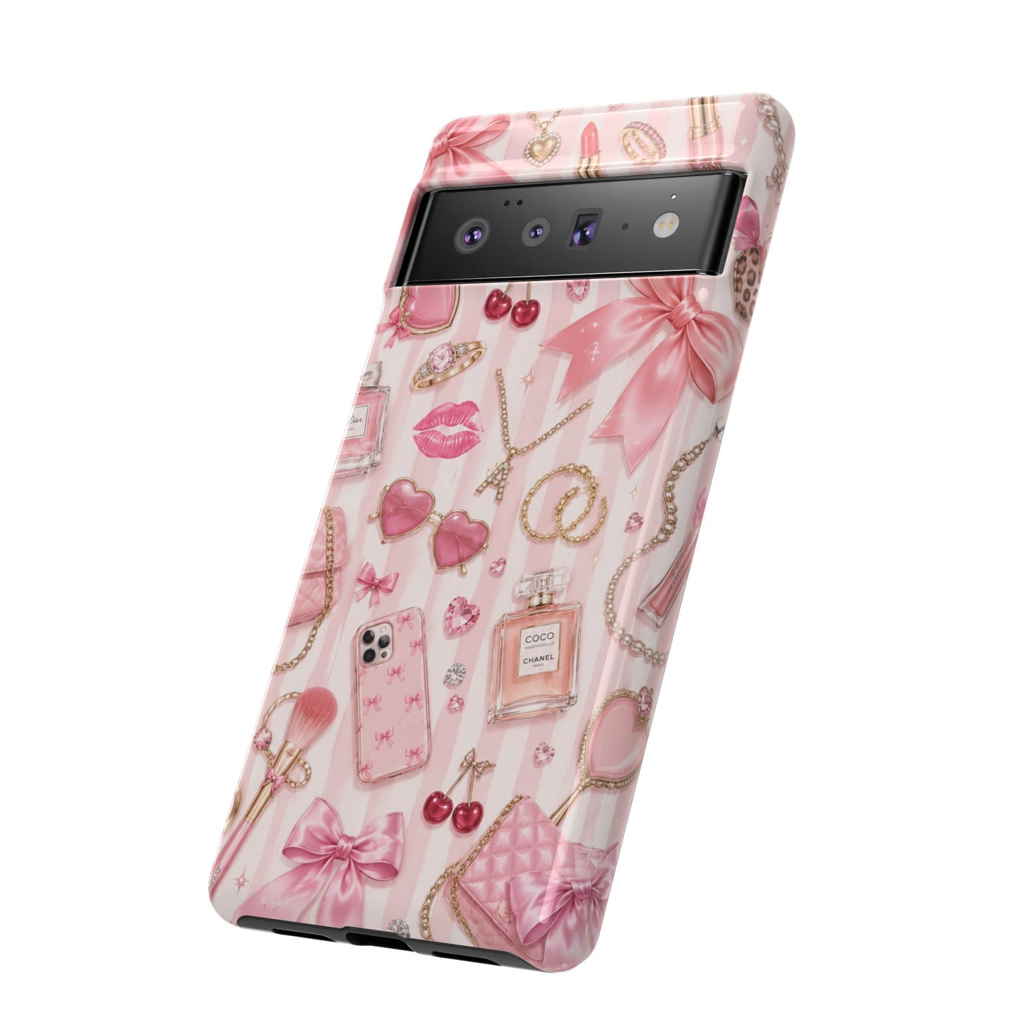 Pink Glam Pattern phone case | Makeup, bows, perfume, lipstick design