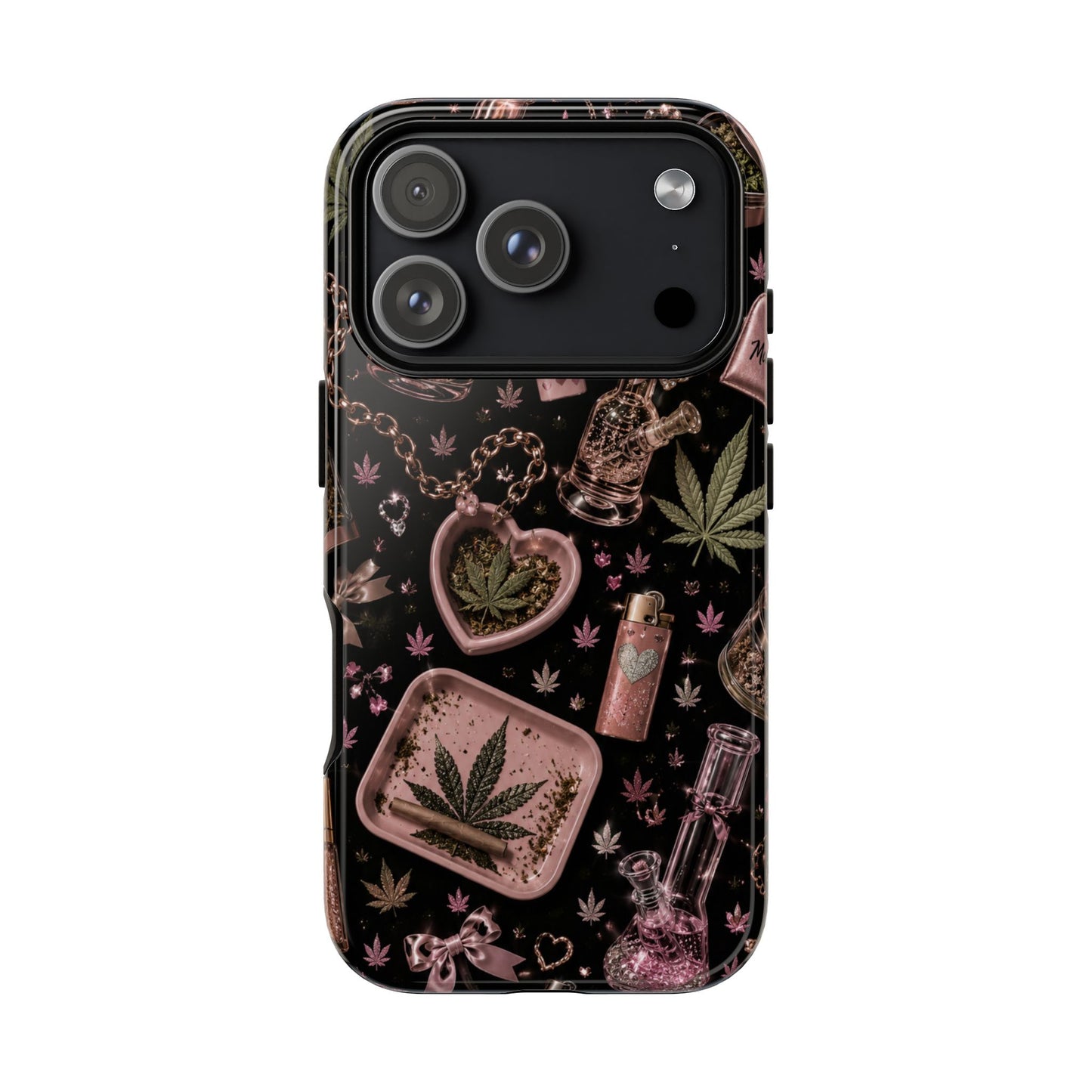 Sunflower Porch Co Pink Cannabis Pattern Tough Case | Weed Leaf Phone Case, Grinder & Lighter Design