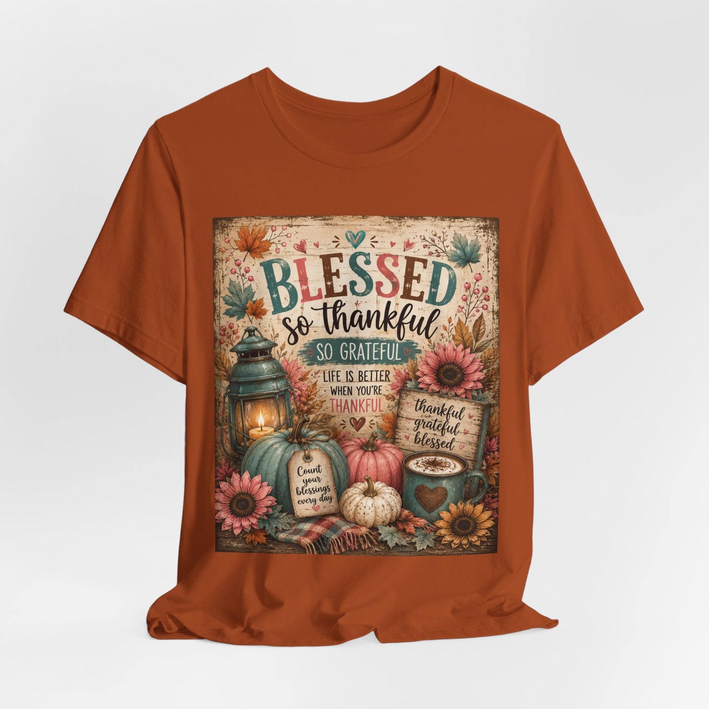 Sunflower Porch Co Blessed So Thankful Thanksgiving Tee | Fall Pumpkin Sunflower Tee