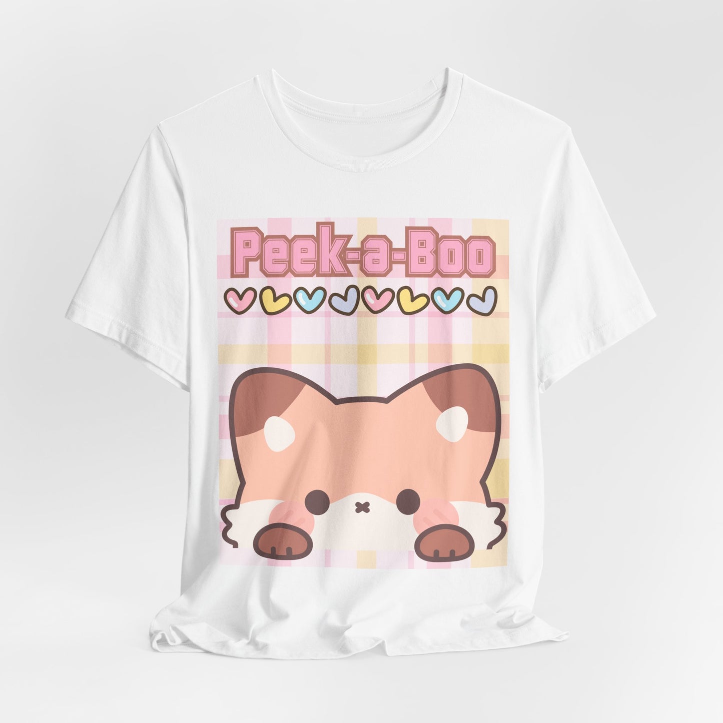SunflowerPorchCo Peek-a-Boo Kawaii Fox Tee | Cute Pastel Hearts Plaid Shirt