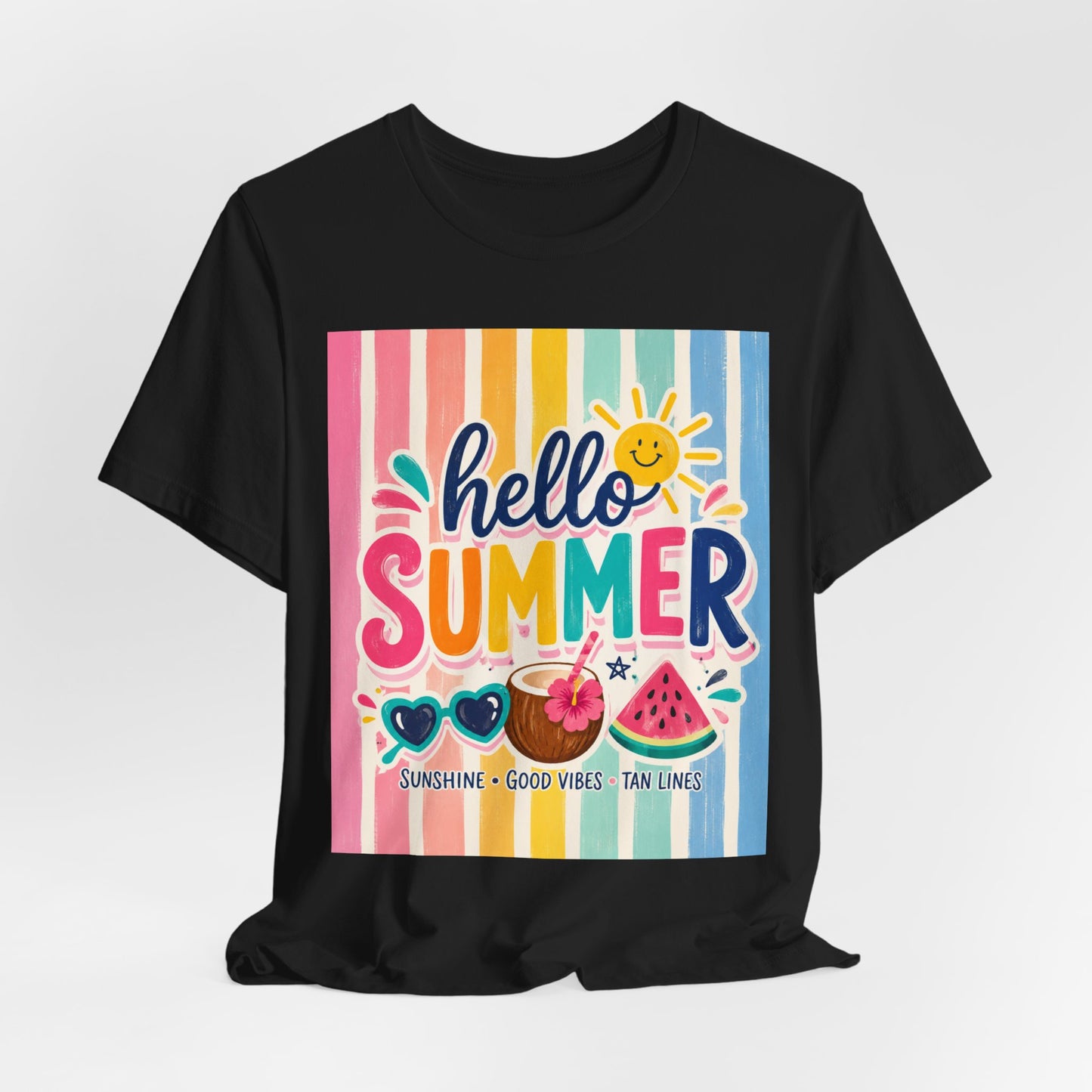 Sunflower Porch Co. Hello Summer Tee - Colorful Stripes, Sunshine & Watermelon Graphic