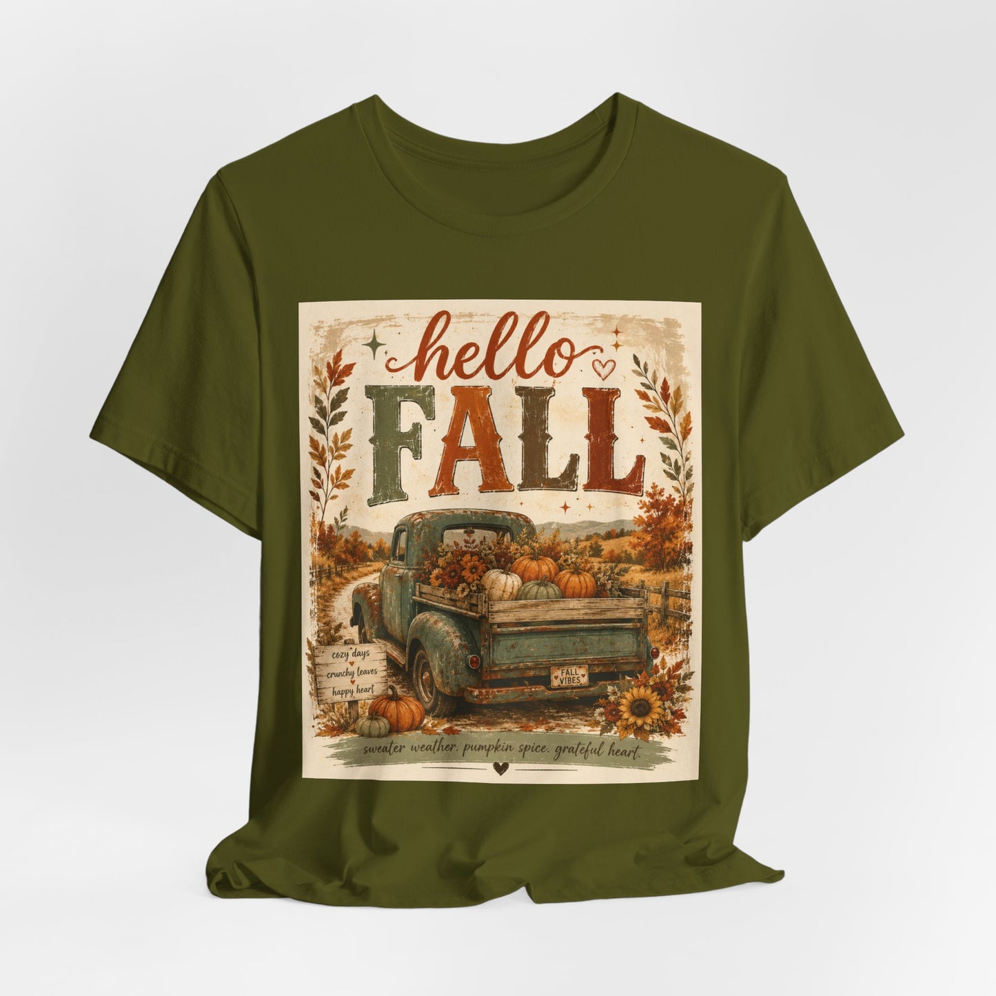 Sunflower Porch Co Hello Fall Vintage Truck T-Shirt | Pumpkin Harvest Autumn Tee