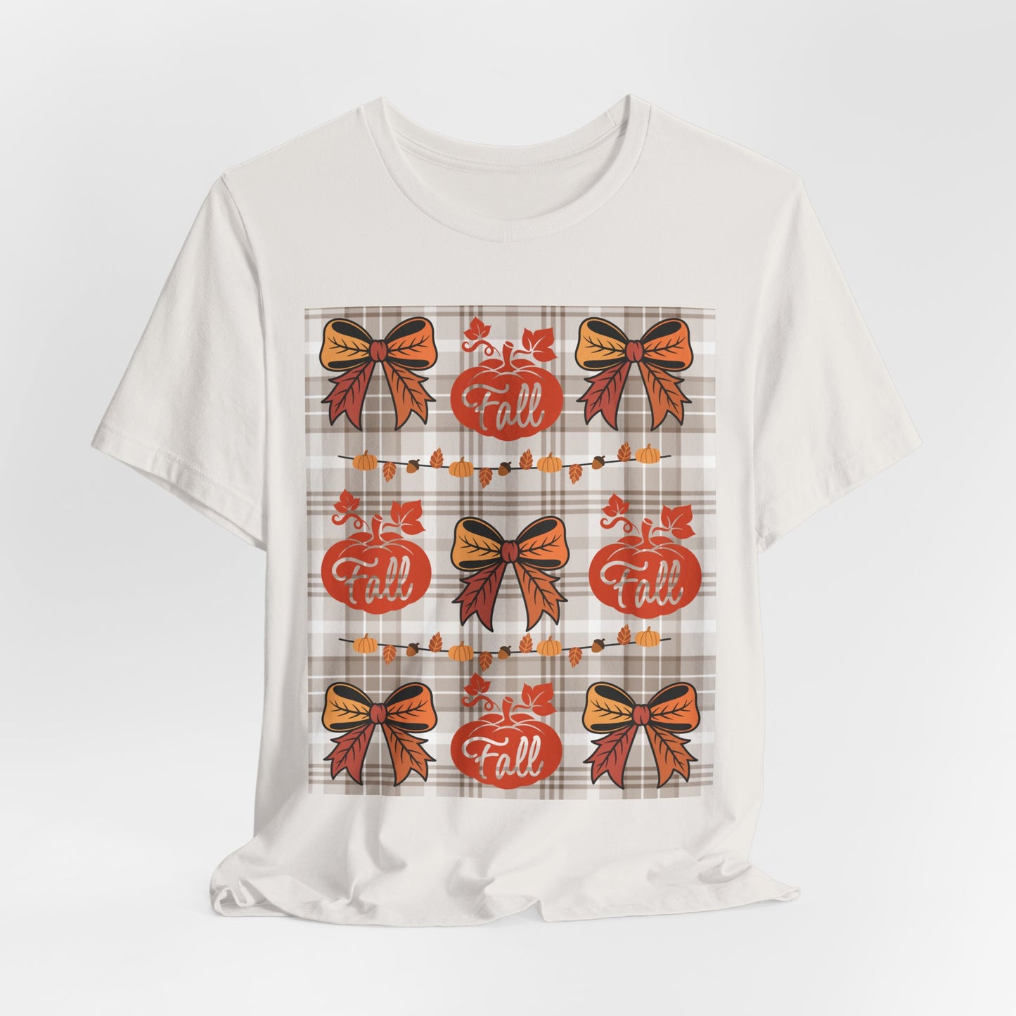 SunflowerPorchCo Fall Pumpkin Plaid Pattern Tee | Autumn Bow Graphic T-Shirt