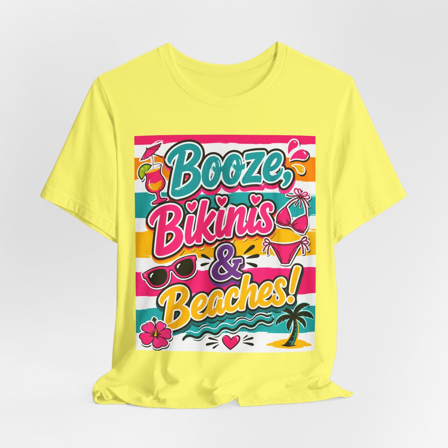 Sunflower Porch Co. Booze Bikinis & Beaches T-Shirt — Summer Beach Party Graphic Tee