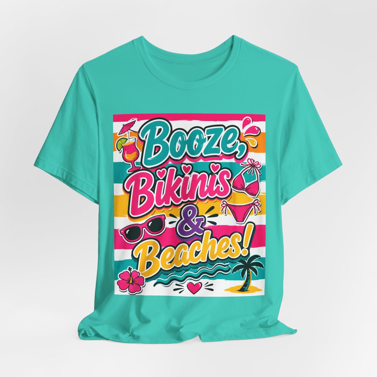 Sunflower Porch Co. Booze Bikinis & Beaches T-Shirt — Summer Beach Party Graphic Tee