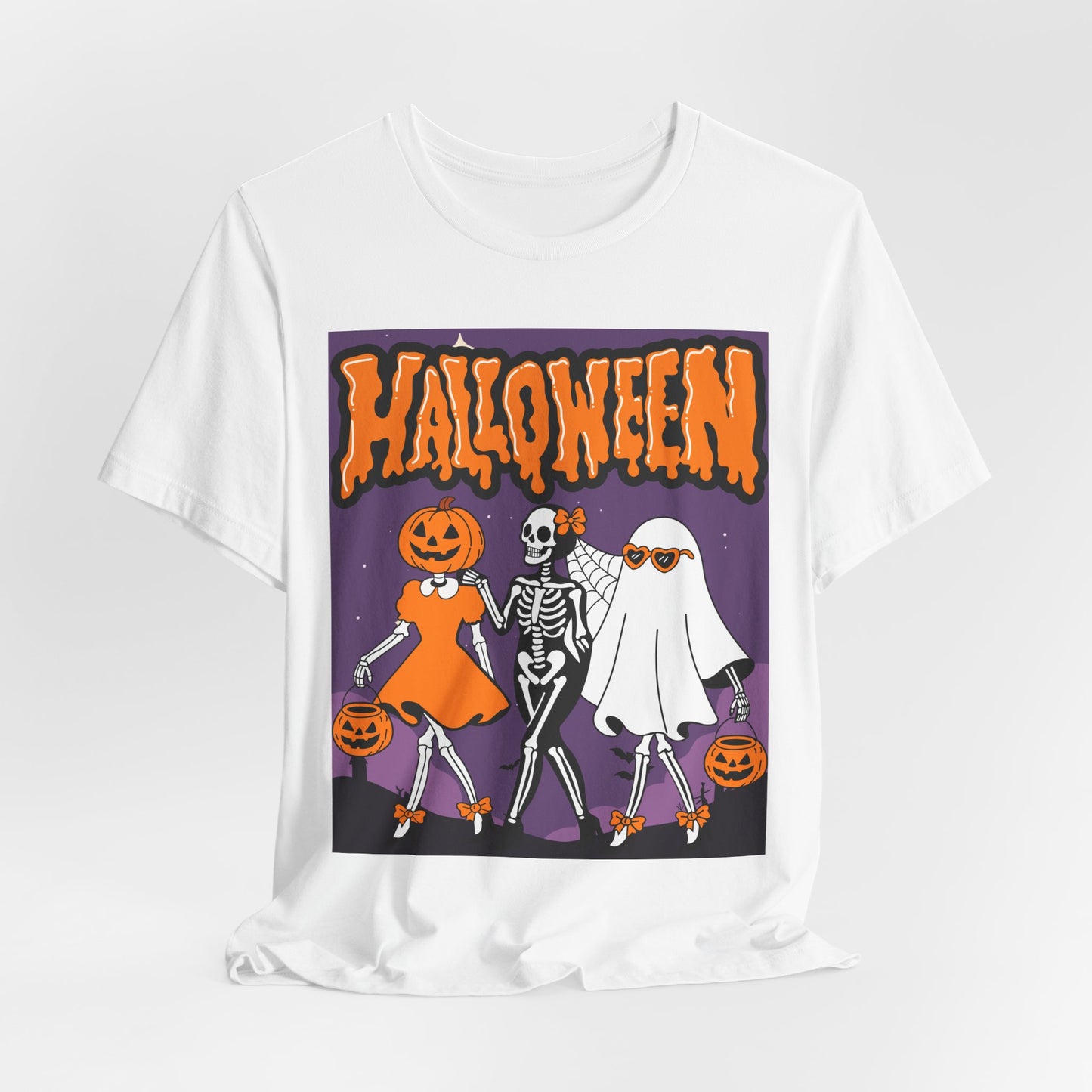 SunflowerPorchCo Dancing Skeletons and Pumpkins Halloween T-Shirt | Retro Spooky Trio Tee