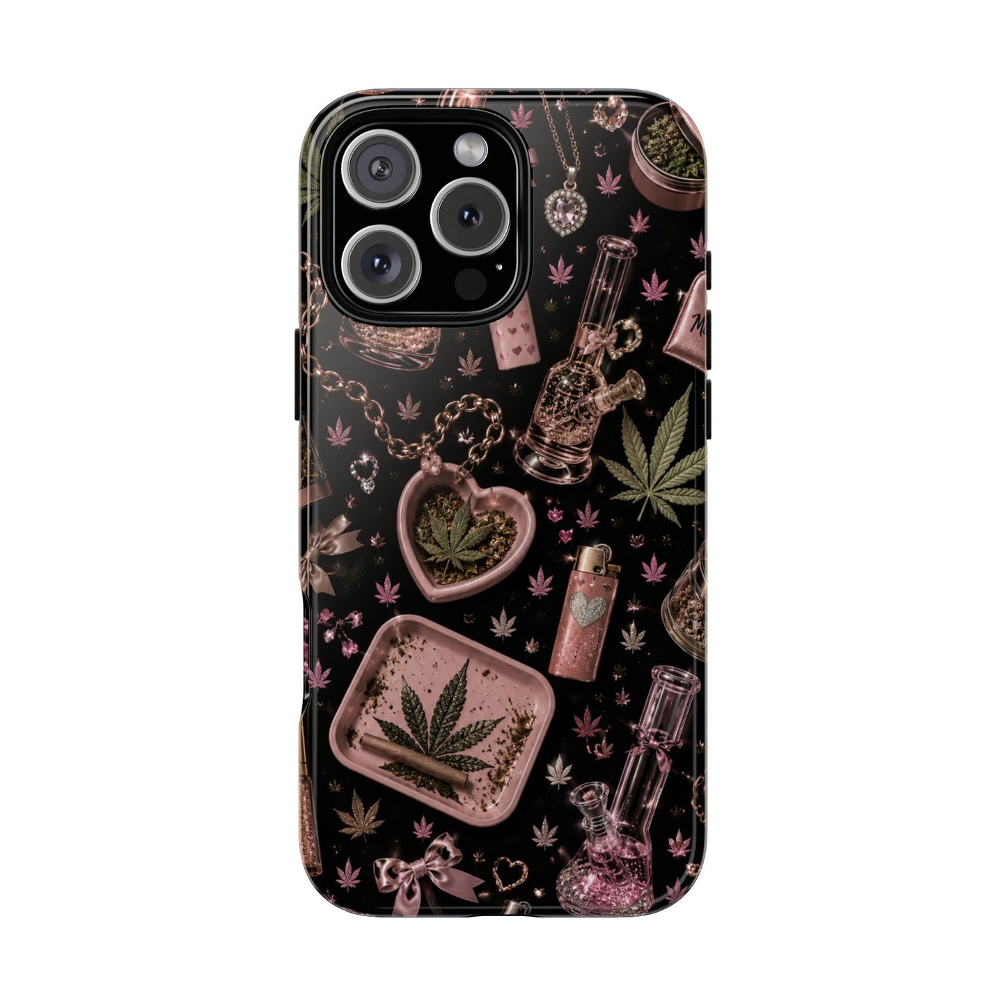 Sunflower Porch Co Pink Cannabis Pattern Tough Case | Weed Leaf Phone Case, Grinder & Lighter Design