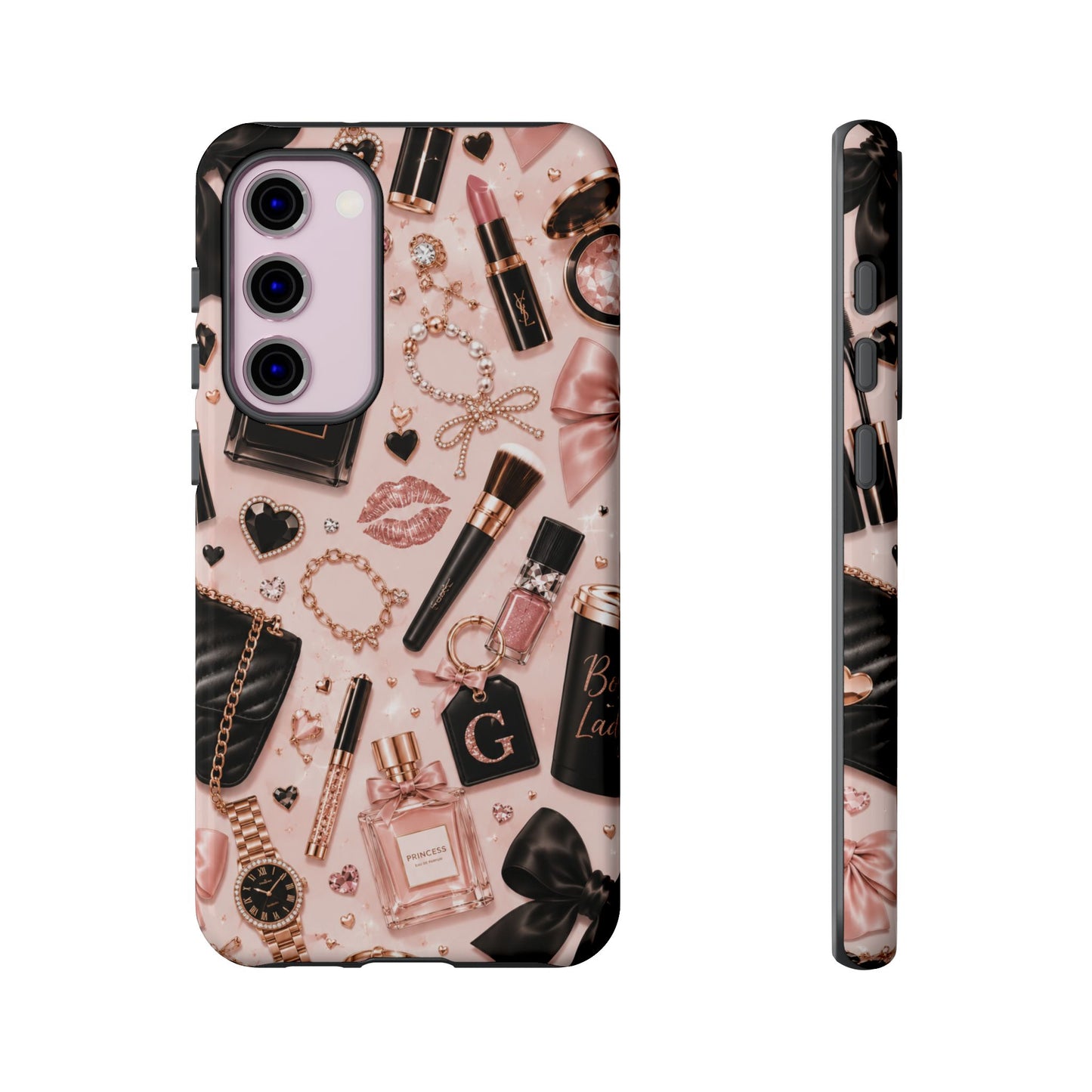 Sunflower Porch Co Glam Makeup Pattern Phone Case | Rose Gold Cosmetics, Perfume, Lipstick