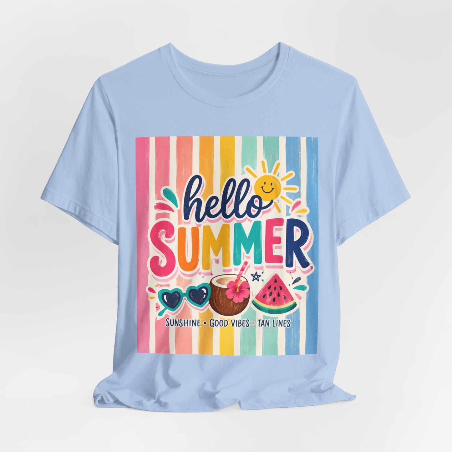 Sunflower Porch Co. Hello Summer Tee - Colorful Stripes, Sunshine & Watermelon Graphic