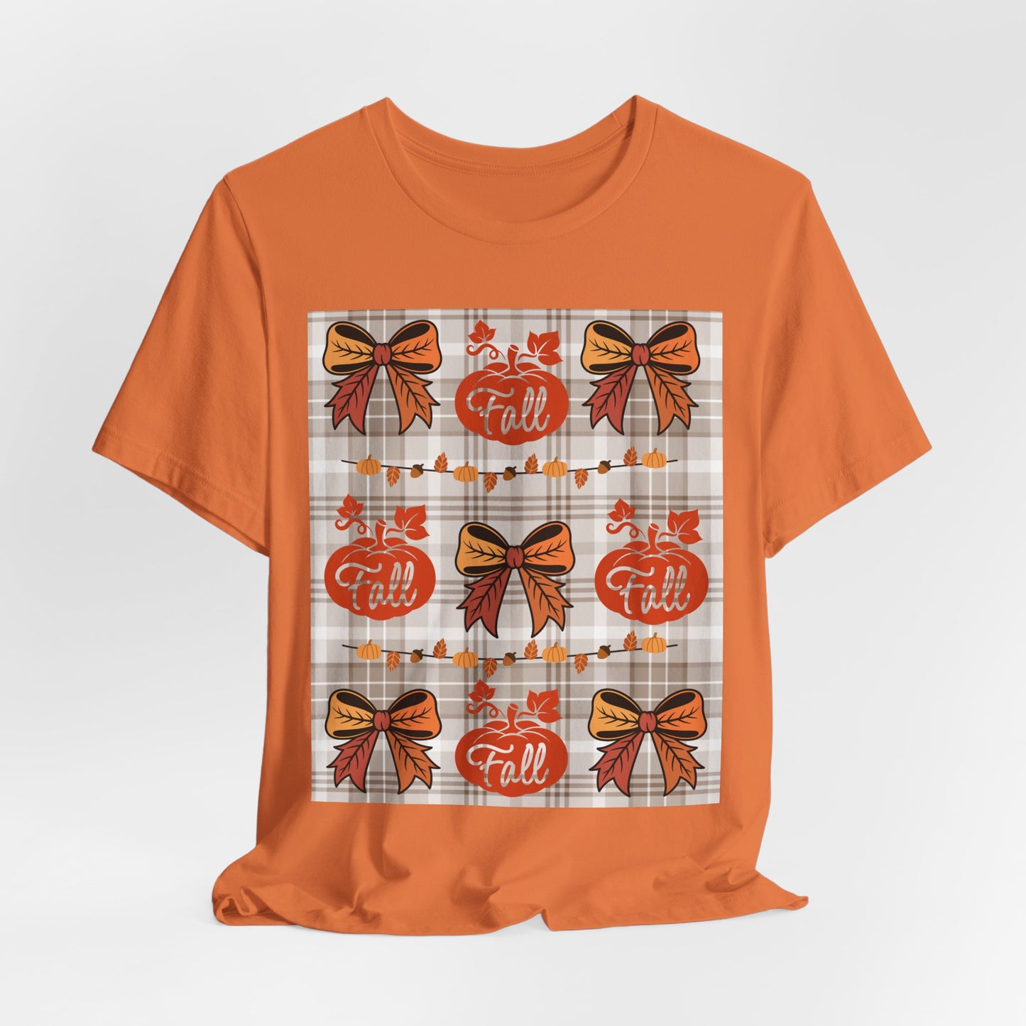 SunflowerPorchCo Fall Pumpkin Plaid Pattern Tee | Autumn Bow Graphic T-Shirt