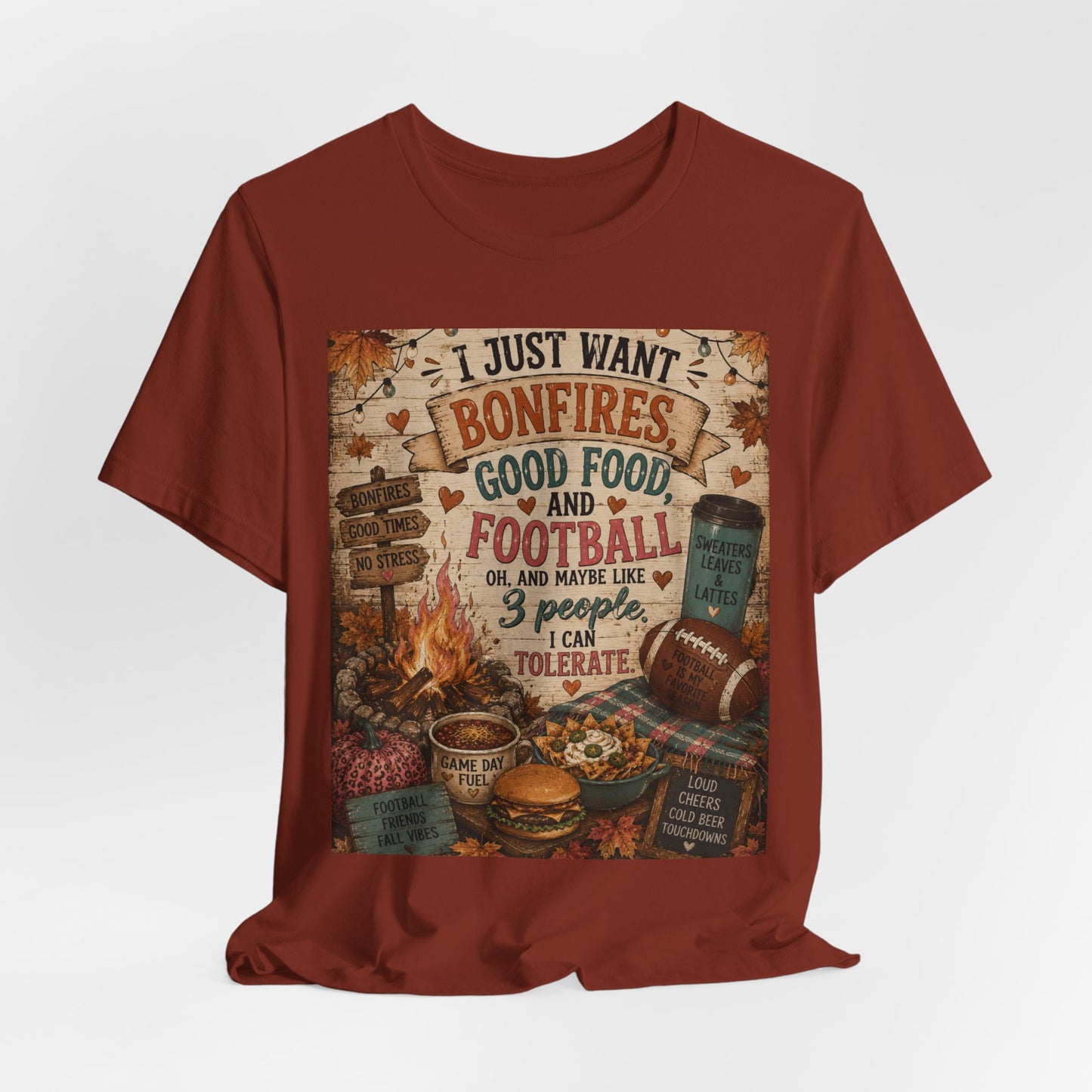 Sunflower Porch Co Bonfires Good Food and Football Tee | Fall Campfire Typography Shirt