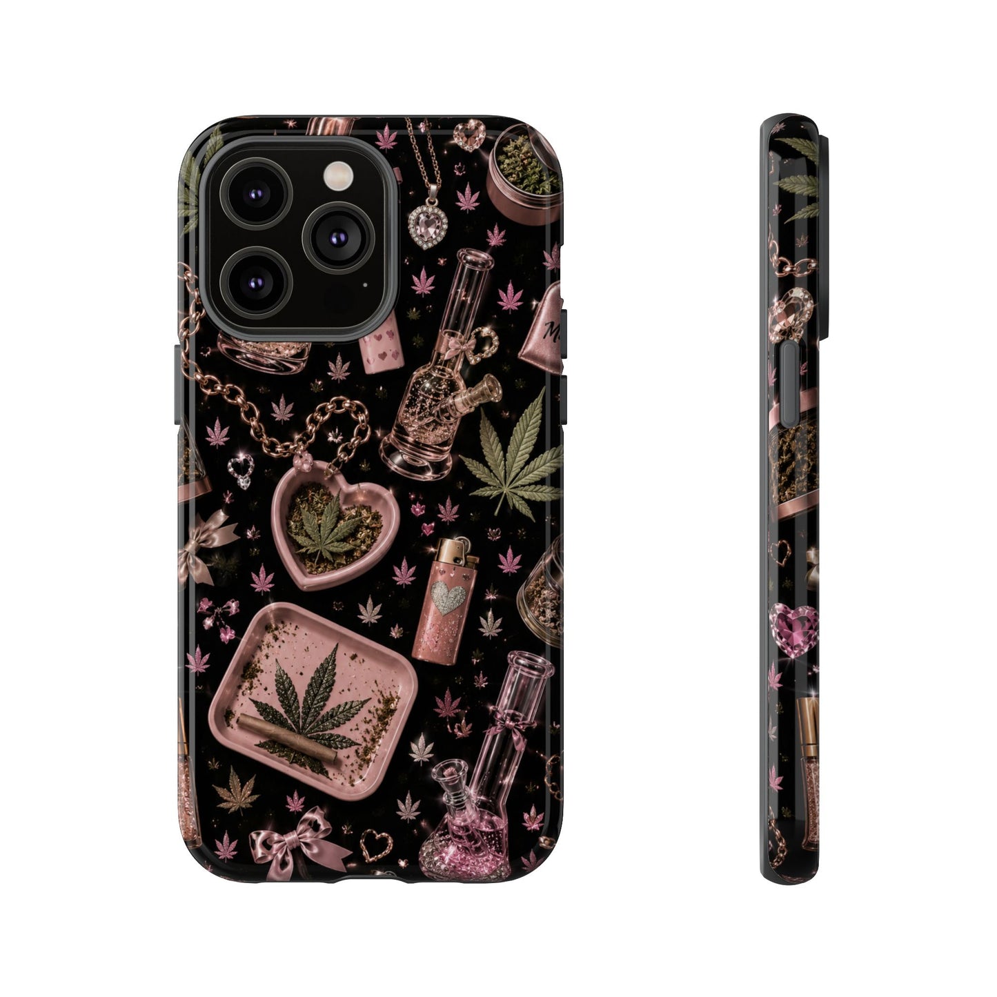 Sunflower Porch Co Pink Cannabis Pattern Tough Case | Weed Leaf Phone Case, Grinder & Lighter Design