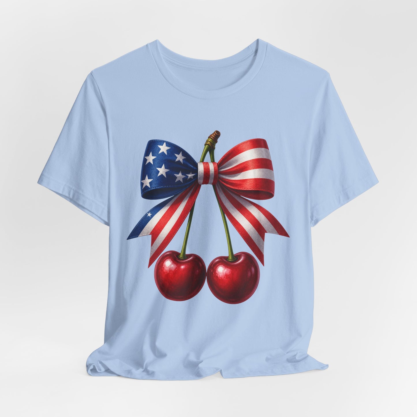 SunflowerPorchCo American Flag Bow with Cherries Tee | Patriotic Fourth of July Shirt
