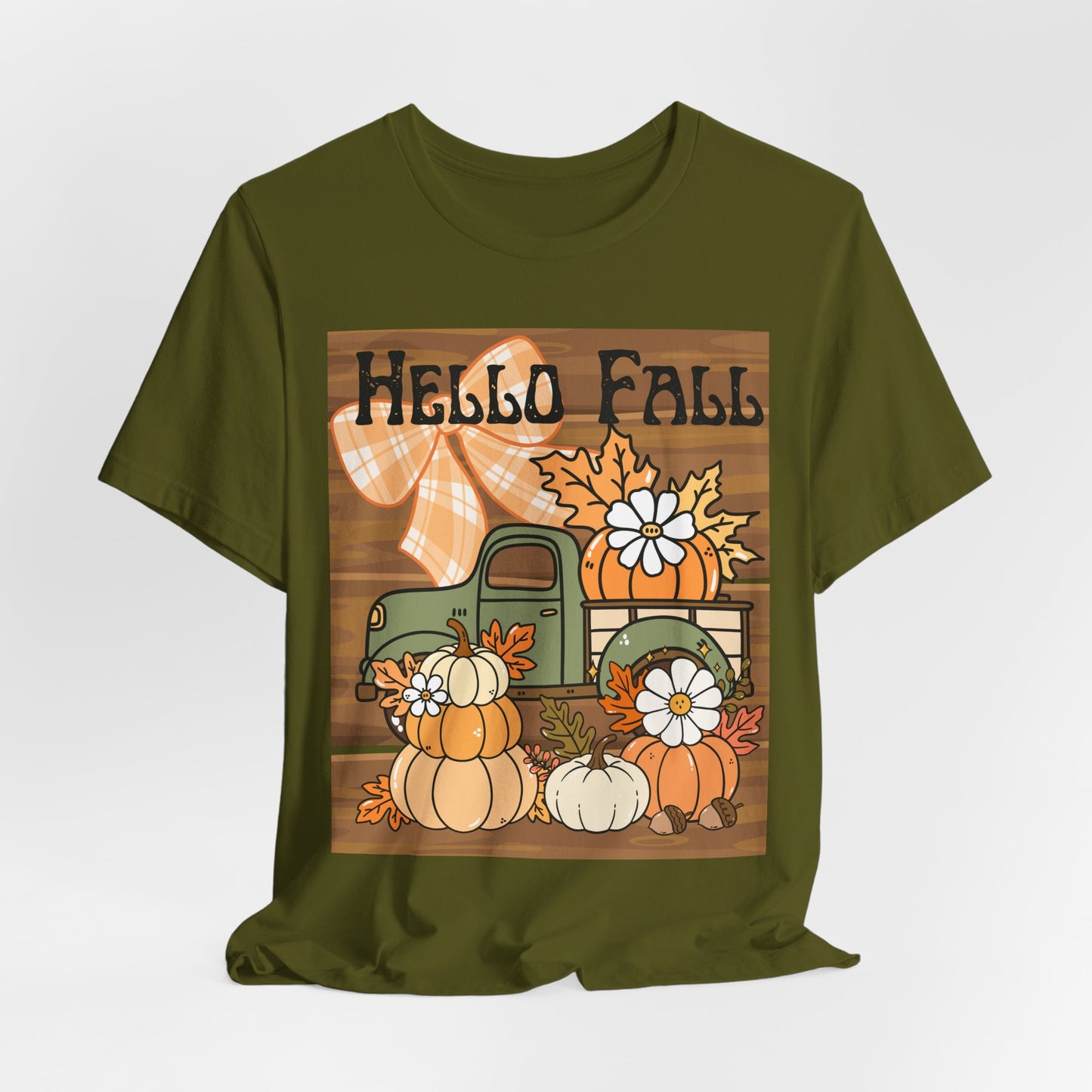 SunflowerPorchCo Hello Fall Pumpkin Truck Tee | Autumn Pumpkins, Plaid Bow, Rustic Wood
