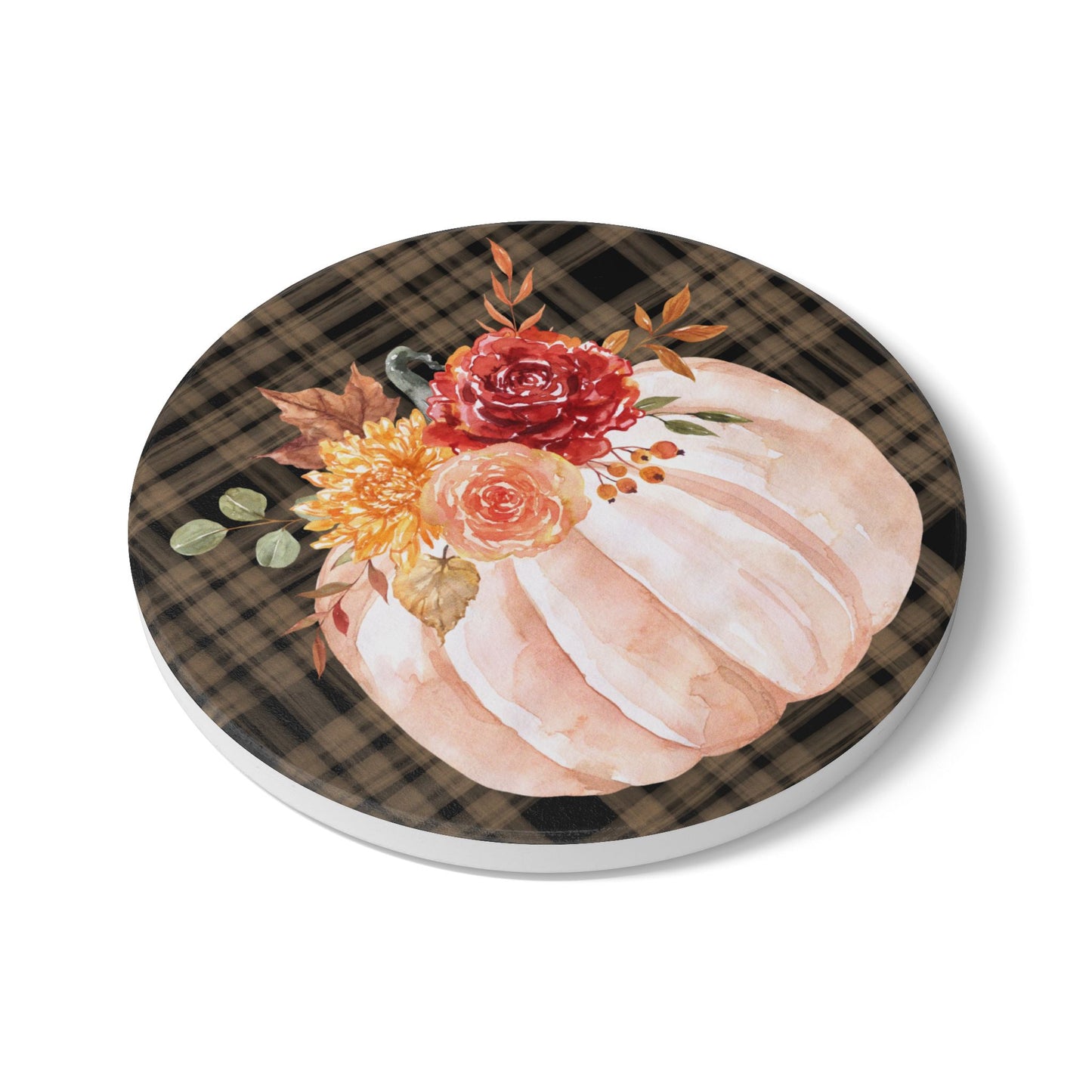 Floral Pumpkin Ceramic Coaster | Fall Plaid Table Decor