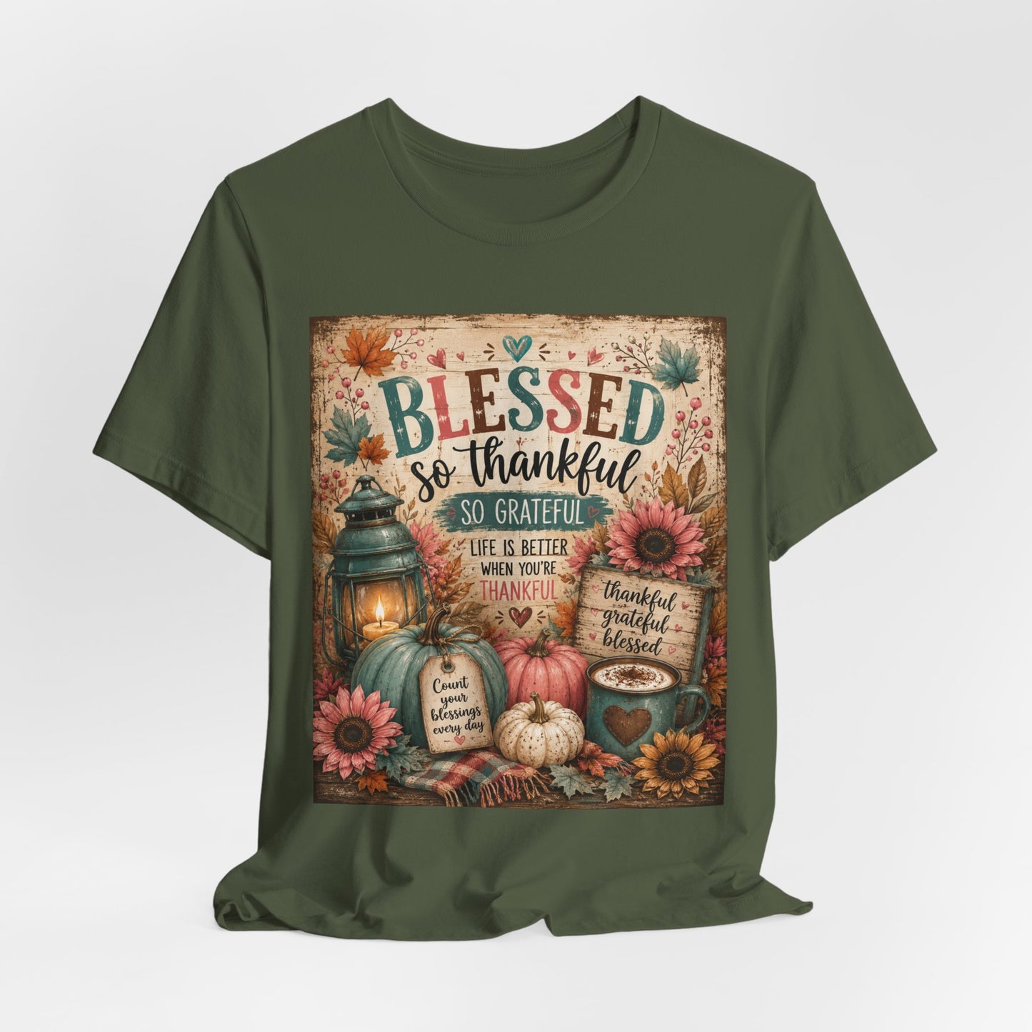 Sunflower Porch Co Blessed So Thankful Thanksgiving Tee | Fall Pumpkin Sunflower Tee