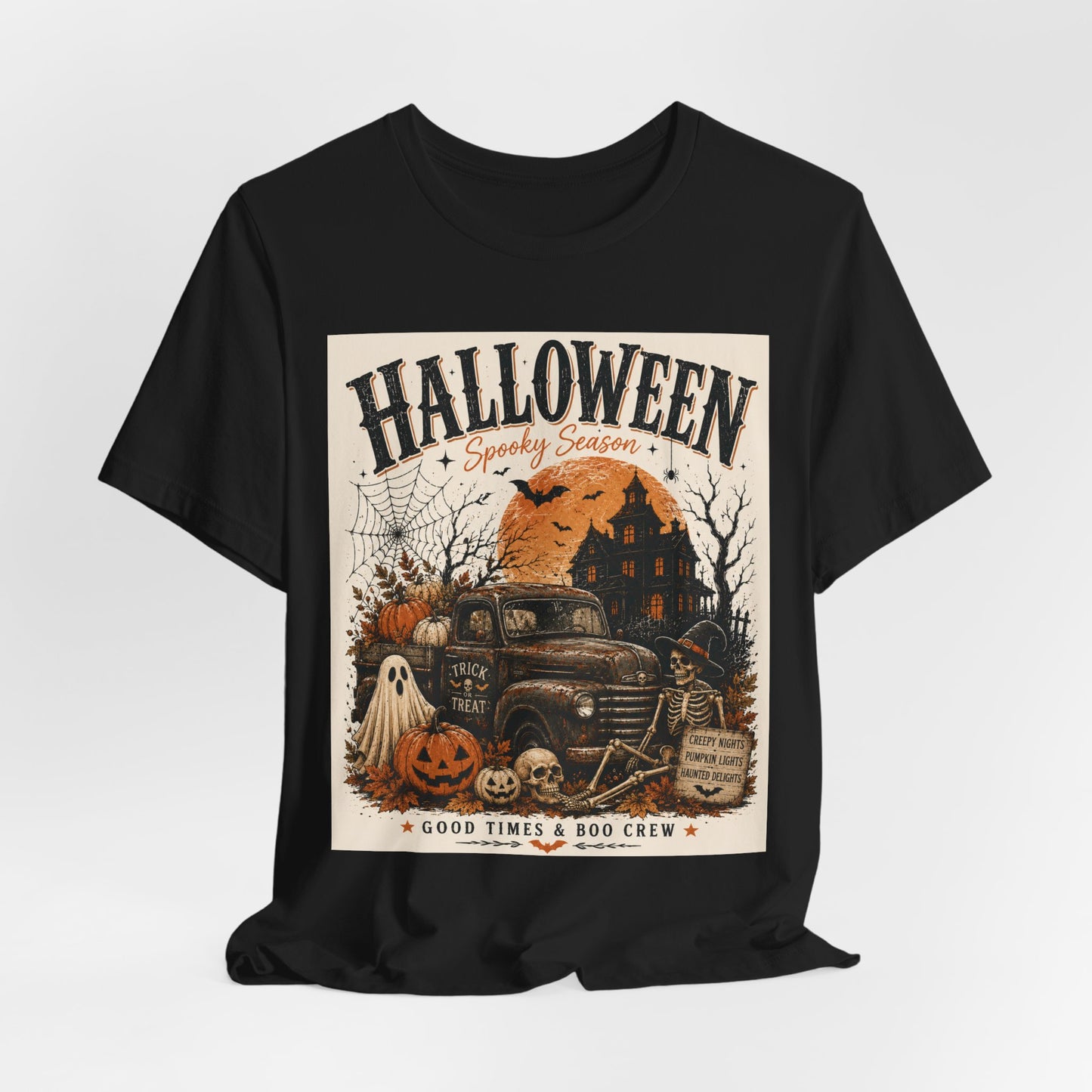 Sunflower Porch Co Halloween Vintage Truck Tee | Spooky Season Pumpkin Ghost Haunted House