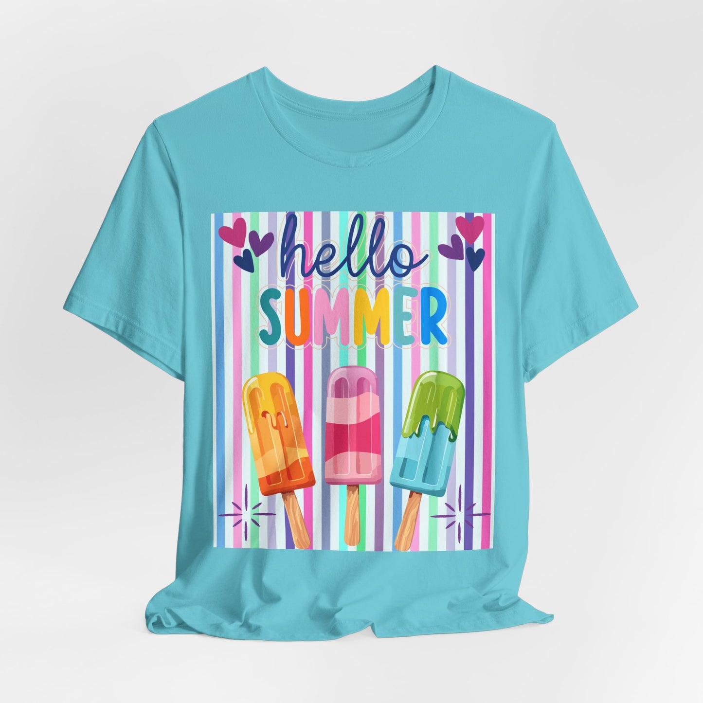 Sunflower Porch Co Hello Summer Popsicles T-Shirt | Colorful Stripes, Cute Ice Cream Design