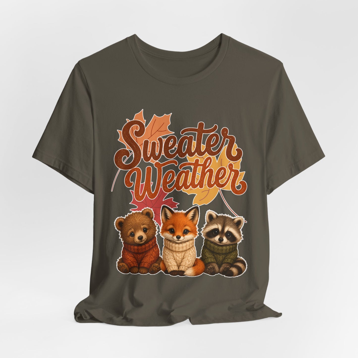 Sweater Weather woodland animals Tee | Fox Bear Raccoon fall leaves
