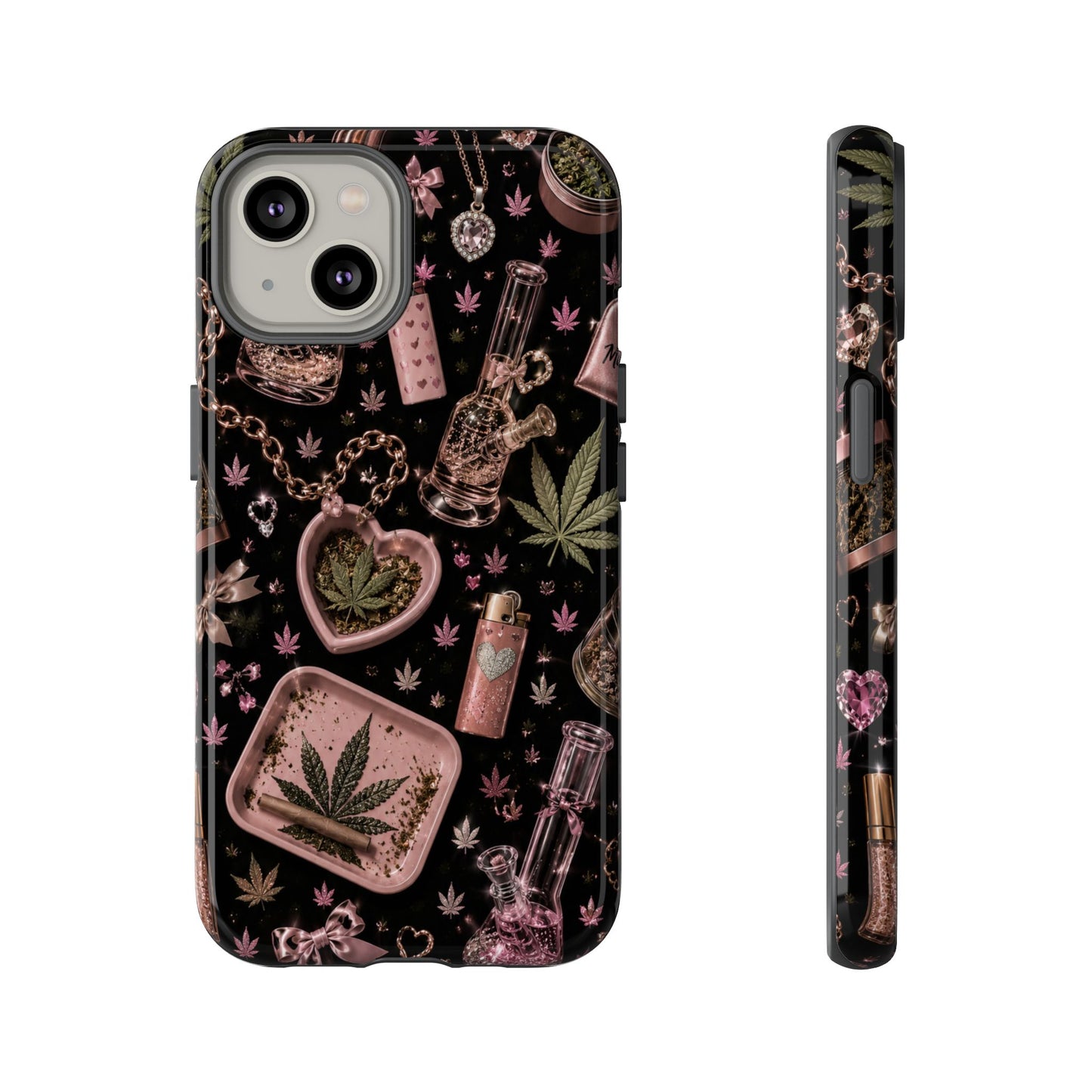 Sunflower Porch Co Pink Cannabis Pattern Tough Case | Weed Leaf Phone Case, Grinder & Lighter Design