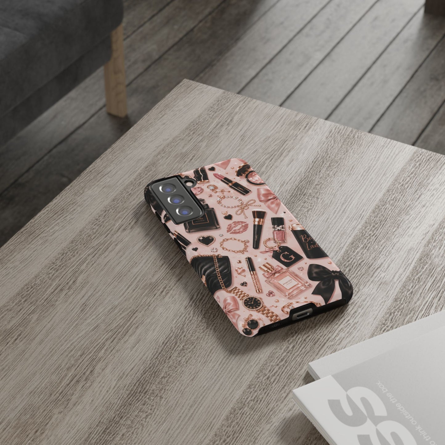 Sunflower Porch Co Glam Makeup Pattern Phone Case | Rose Gold Cosmetics, Perfume, Lipstick