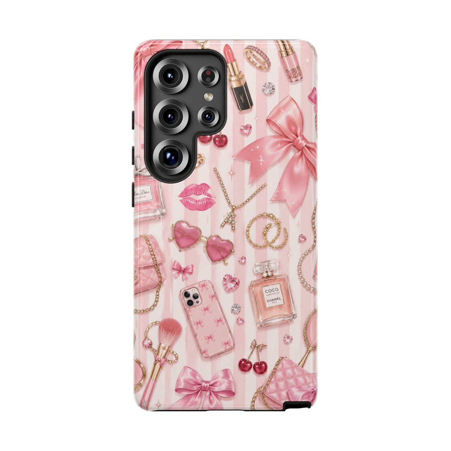 Pink Glam Pattern phone case | Makeup, bows, perfume, lipstick design
