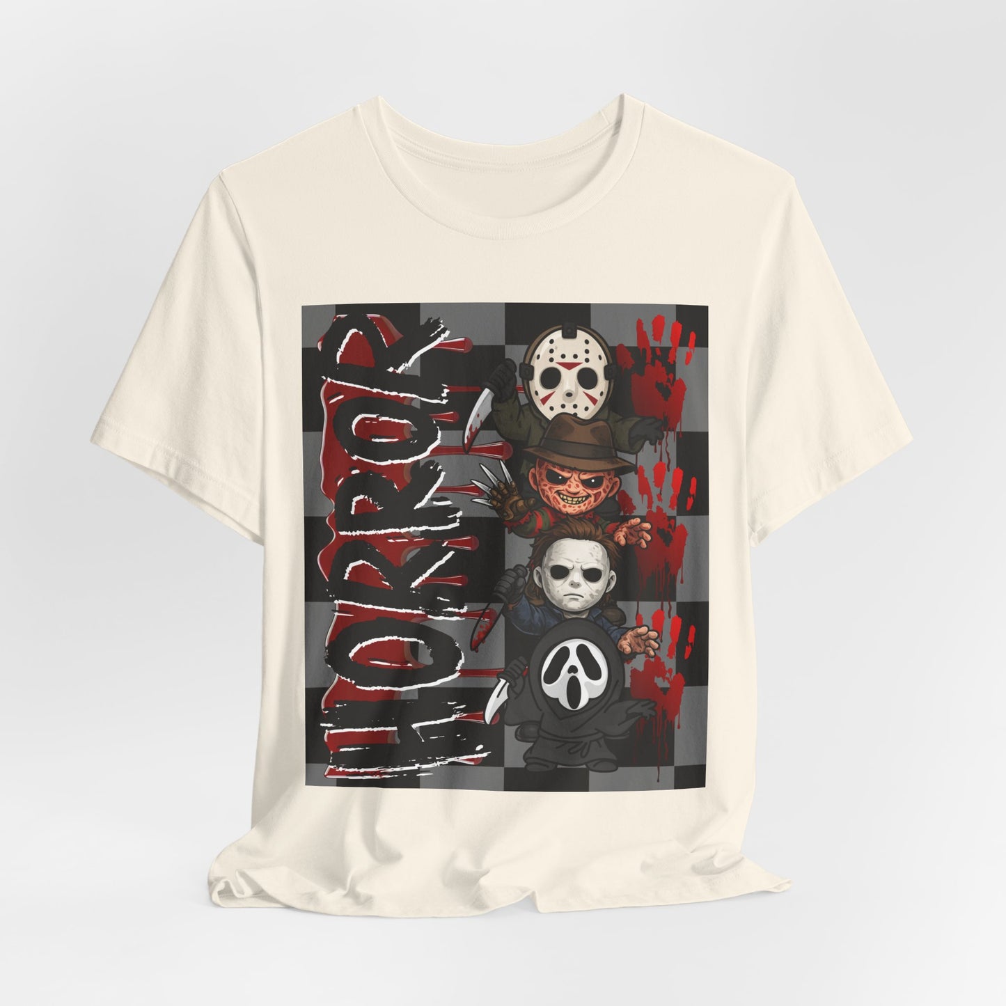 SunflowerPorchCo Horror Mask Stack T-Shirt | Slasher Masks, Blood Handprints, Creepy Checker