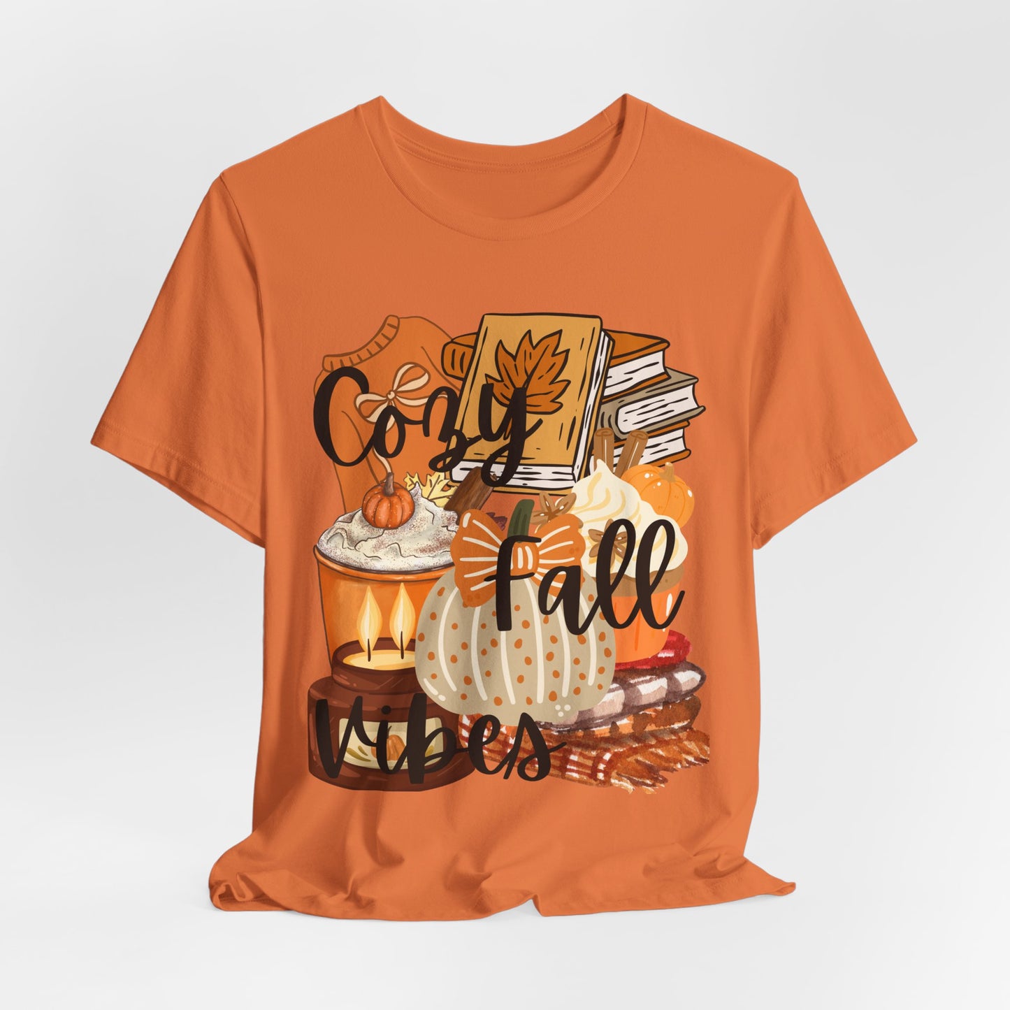 SunflowerPorchCo Cozy Fall Vibes T-Shirt | Pumpkin Books Candle Autumn Tee