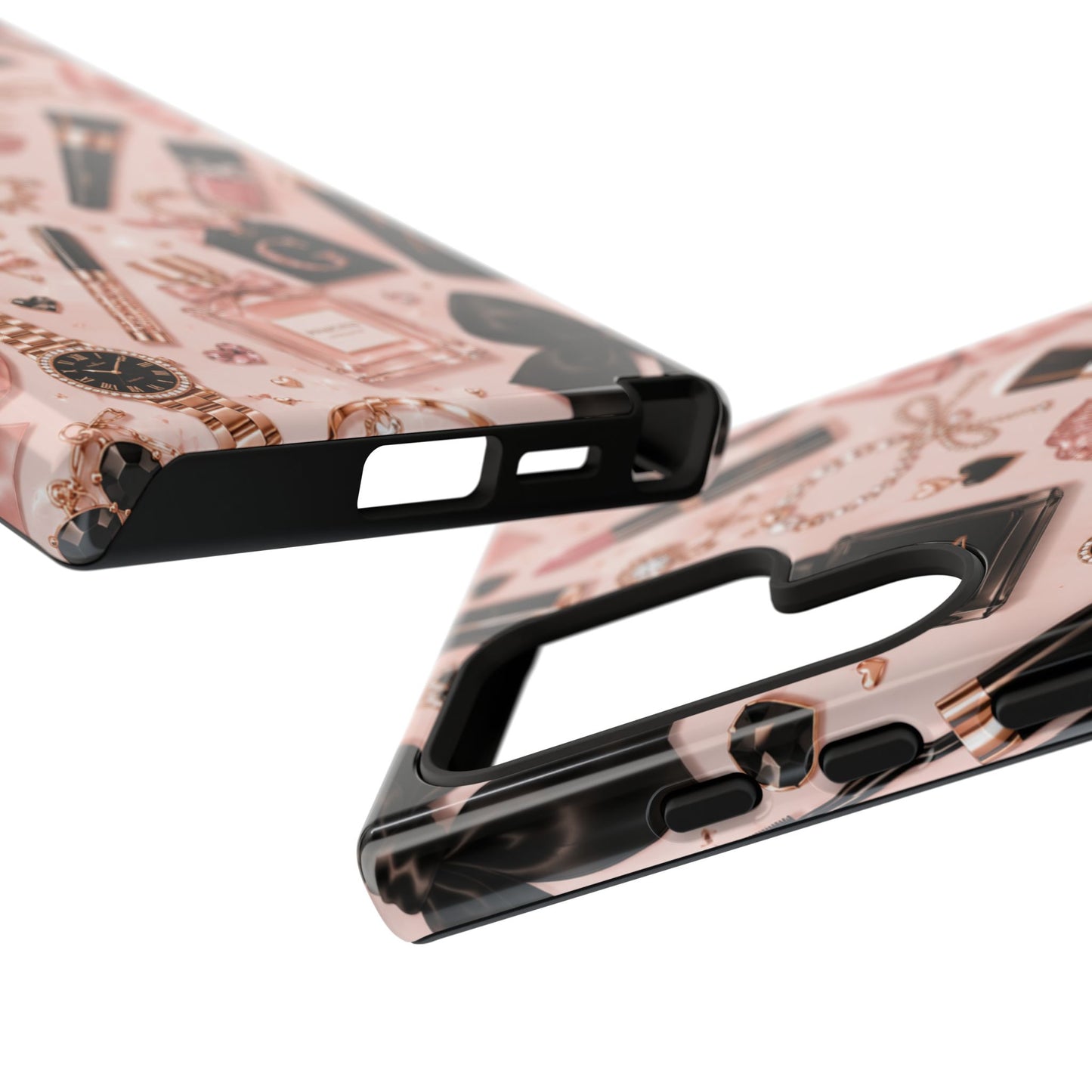 Sunflower Porch Co Glam Makeup Pattern Phone Case | Rose Gold Cosmetics, Perfume, Lipstick