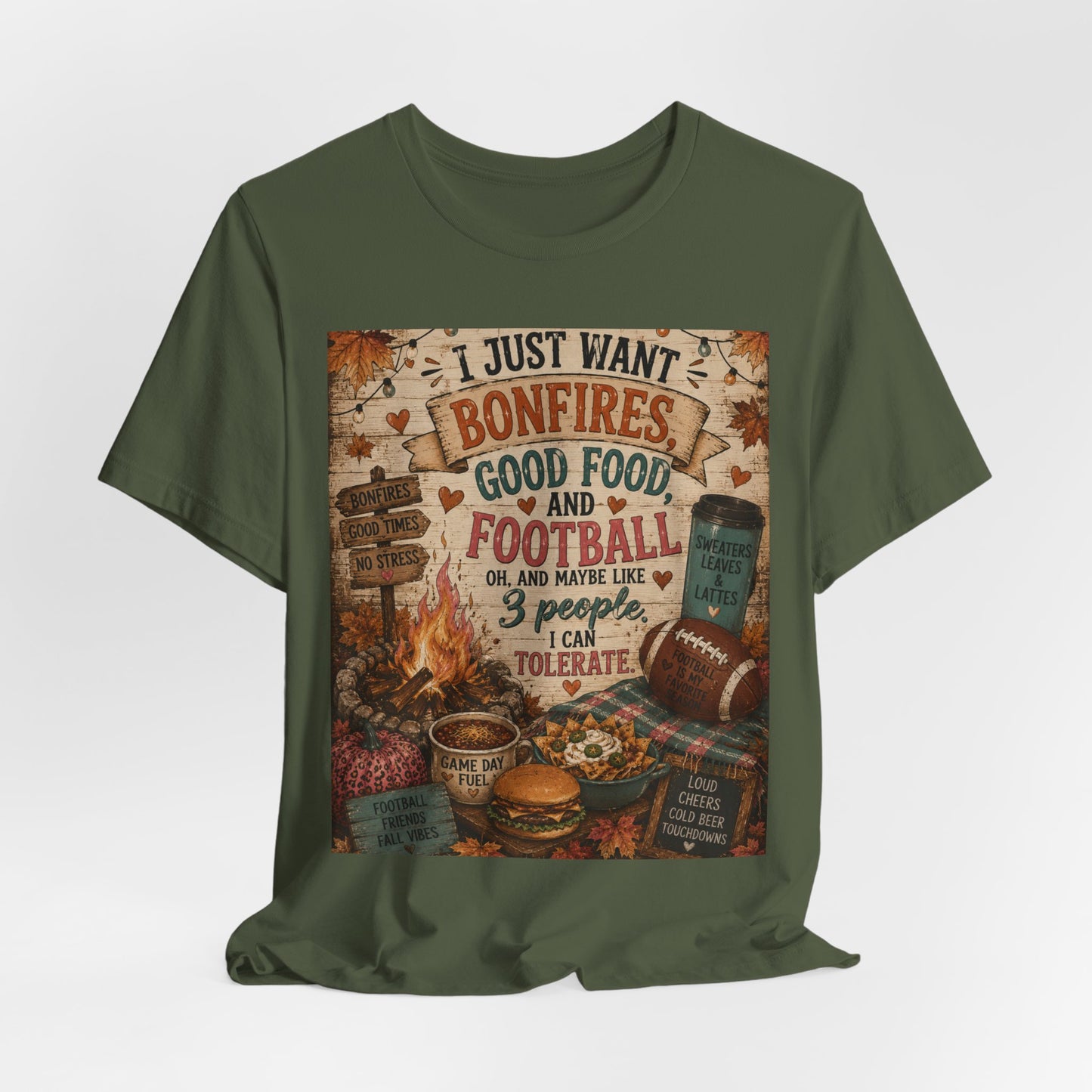 Sunflower Porch Co Bonfires Good Food and Football Tee | Fall Campfire Typography Shirt