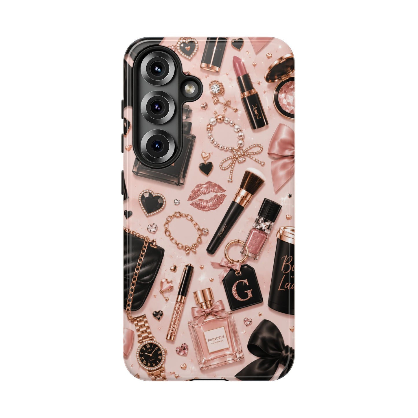 Sunflower Porch Co Glam Makeup Pattern Phone Case | Rose Gold Cosmetics, Perfume, Lipstick
