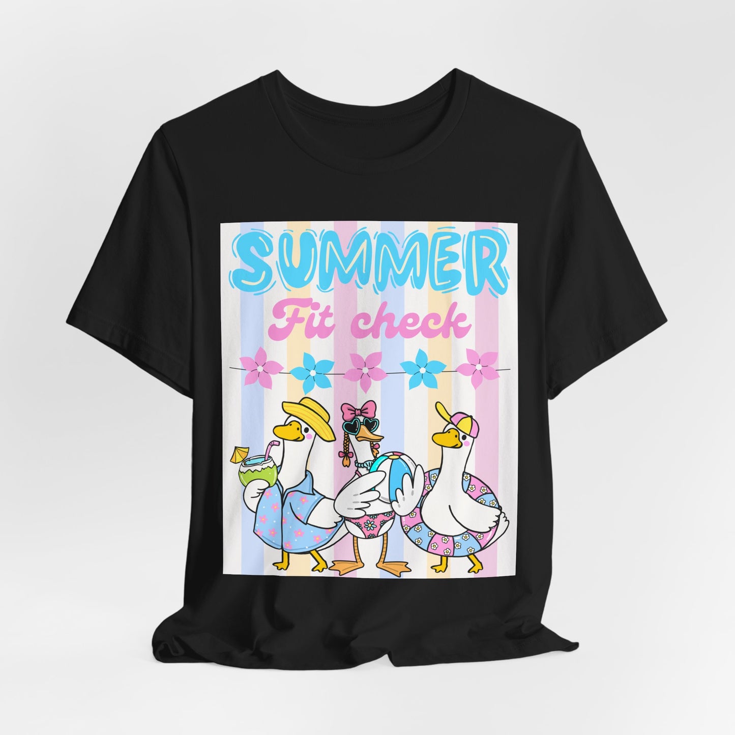 SunflowerPorchCo Summer Fit Check Tee | Cartoon Ducks in Sunglasses, Pastel Beach Vibes