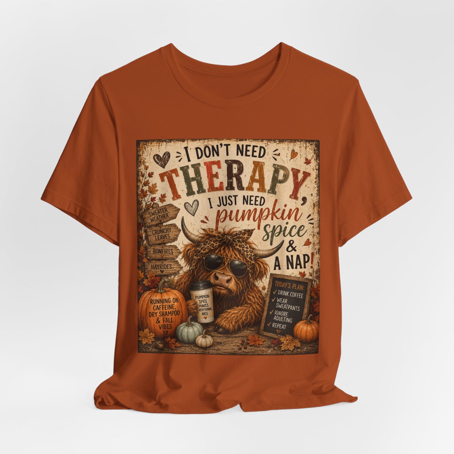 Sunflower Porch Co Pumpkin Spice & A Nap Highland Cow Tee | Fall Autumn Cozy Shirt