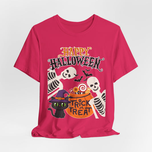Happy Halloween skeletons, black cat, trick or treat tee