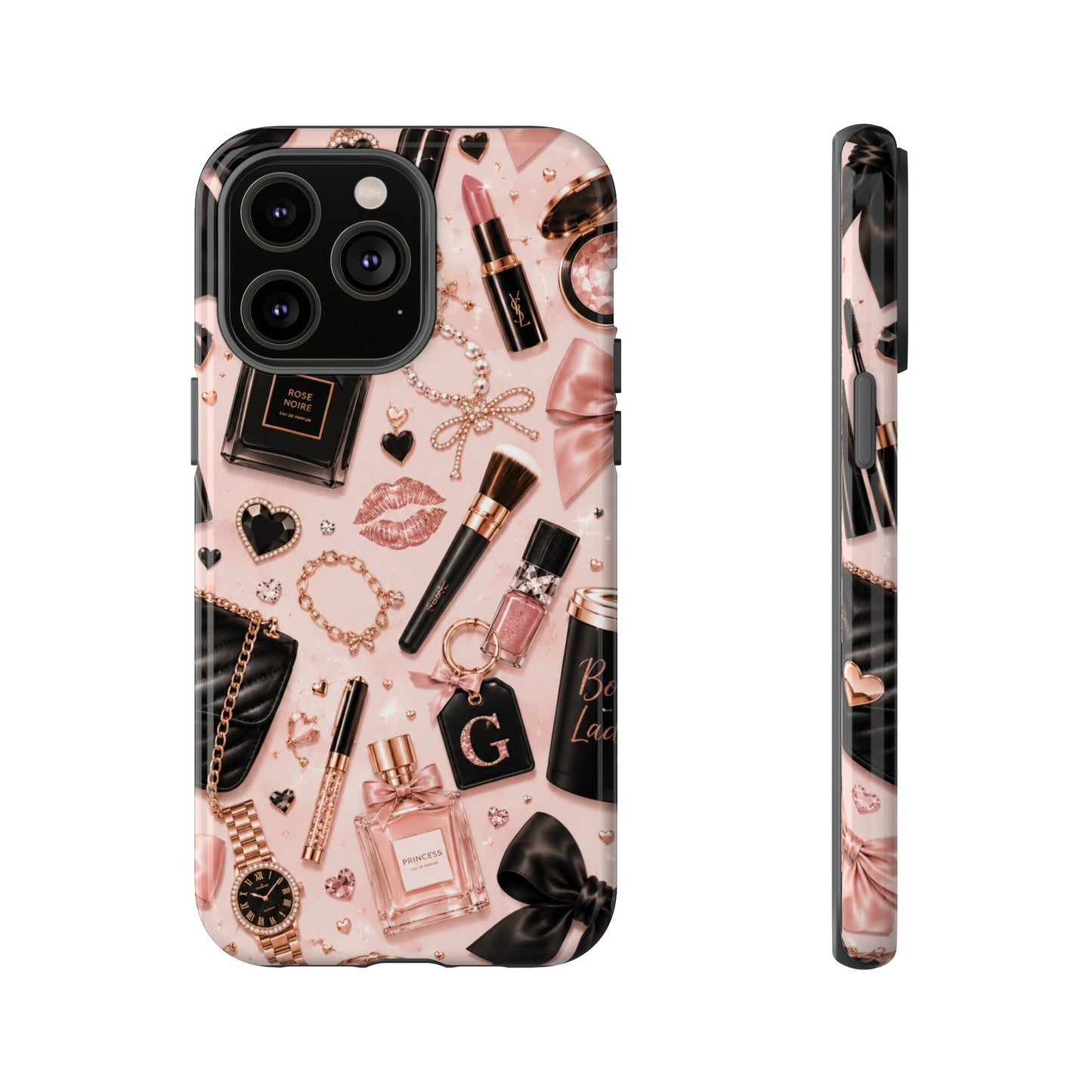 Sunflower Porch Co Glam Makeup Pattern Phone Case | Rose Gold Cosmetics, Perfume, Lipstick