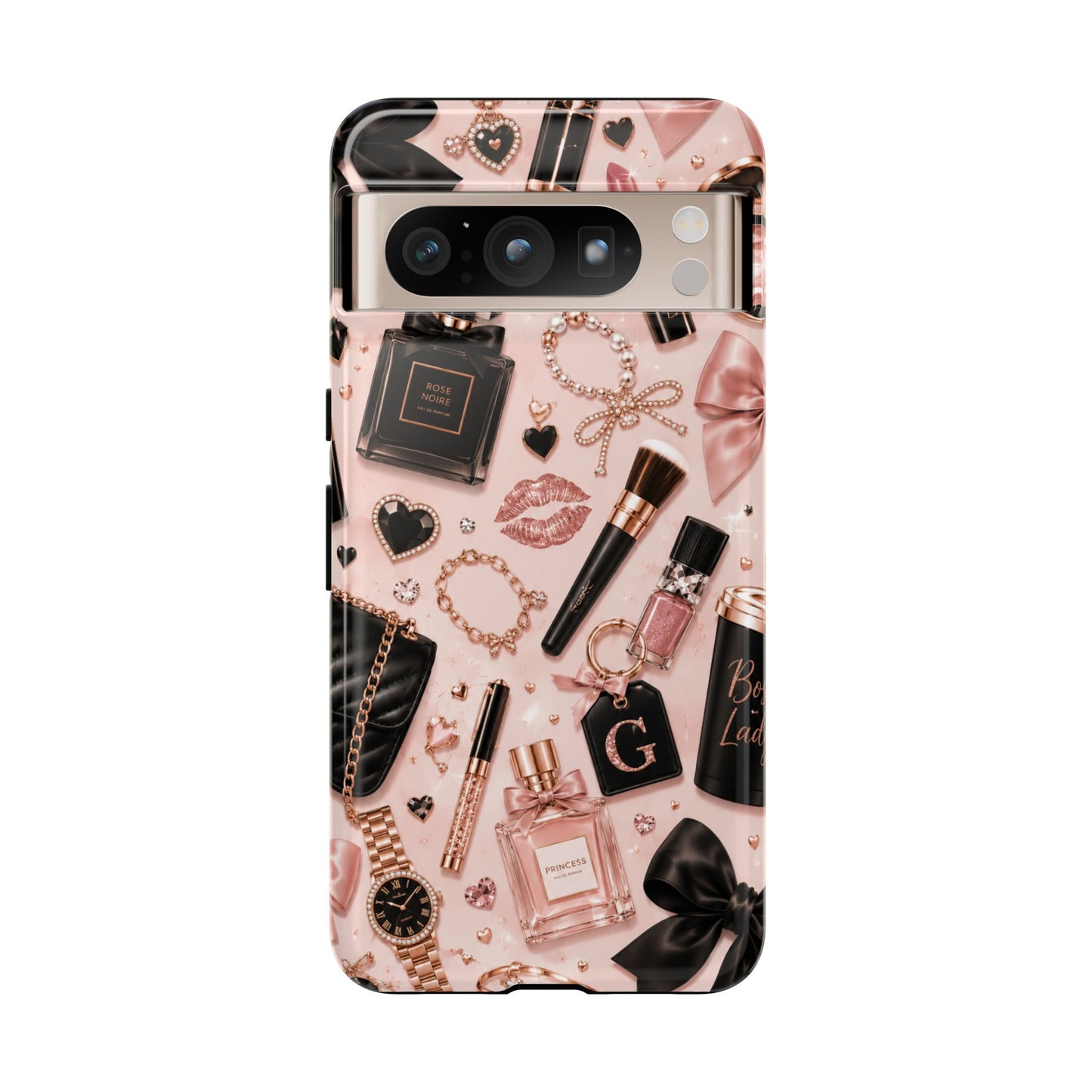 Sunflower Porch Co Glam Makeup Pattern Phone Case | Rose Gold Cosmetics, Perfume, Lipstick
