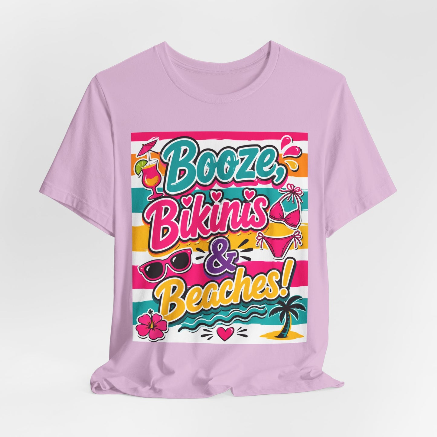 Sunflower Porch Co. Booze Bikinis & Beaches T-Shirt — Summer Beach Party Graphic Tee