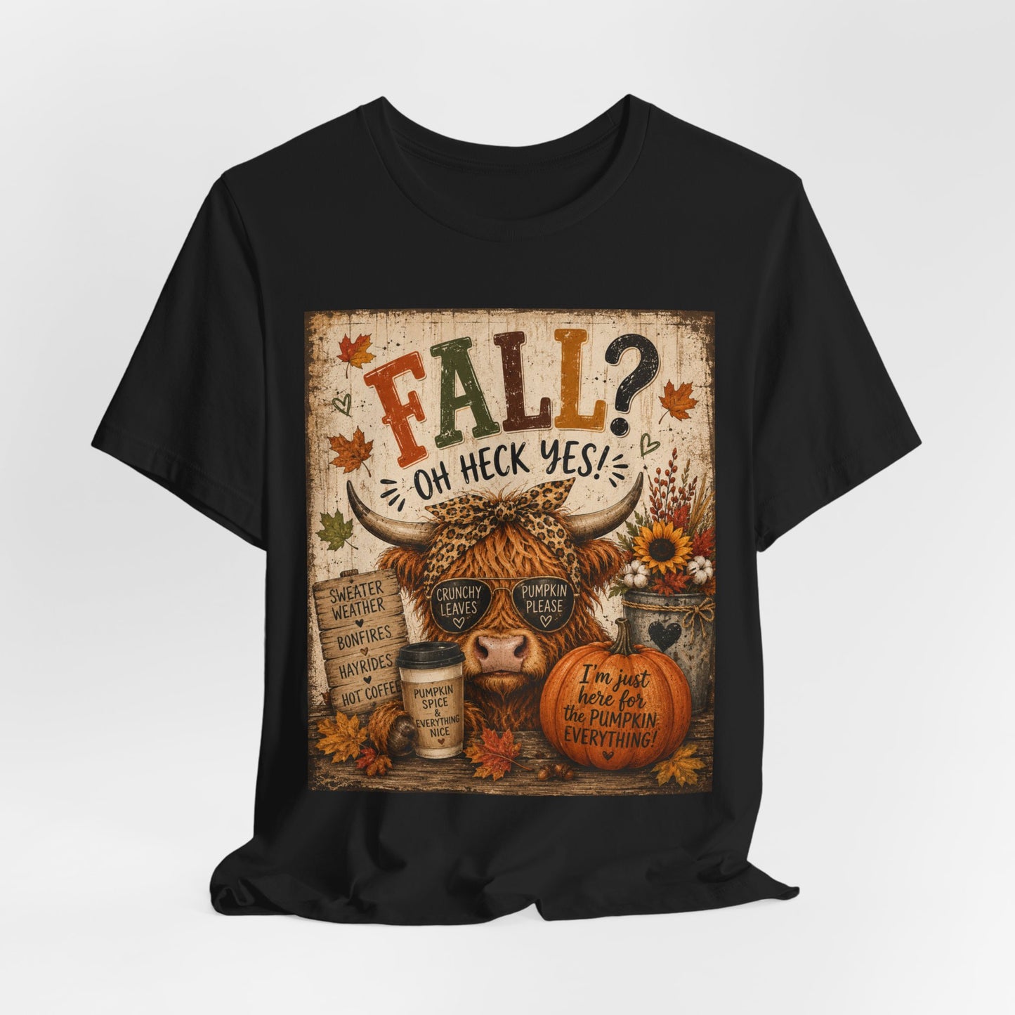Sunflower Porch Co Fall? Oh Heck Yes! Highland Cow Pumpkin Tee | Autumn Coffee Leaves Shirt