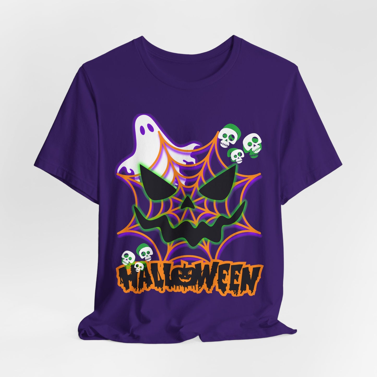 Ghost and Spiderweb Halloween T-Shirt | Skull Accents, Neon Colors