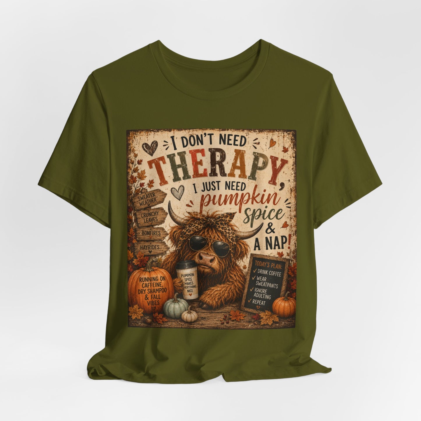 Sunflower Porch Co Pumpkin Spice & A Nap Highland Cow Tee | Fall Autumn Cozy Shirt