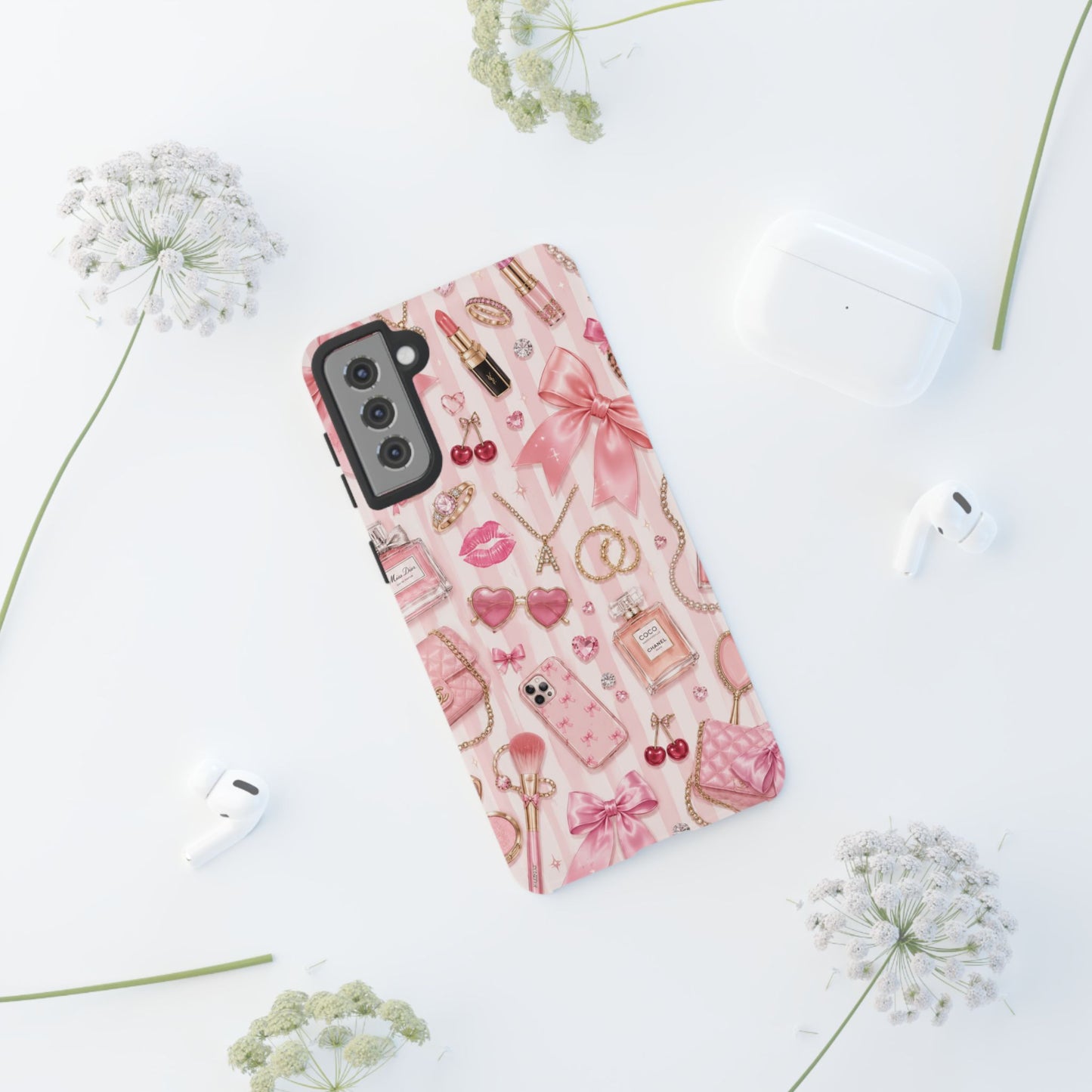 Pink Glam Pattern phone case | Makeup, bows, perfume, lipstick design