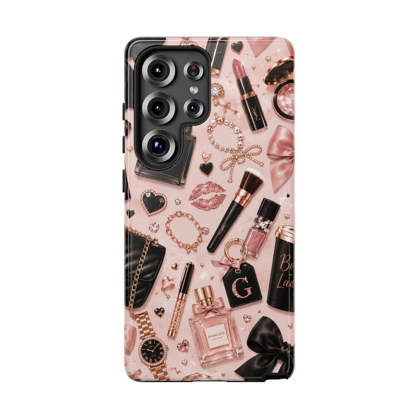 Sunflower Porch Co Glam Makeup Pattern Phone Case | Rose Gold Cosmetics, Perfume, Lipstick