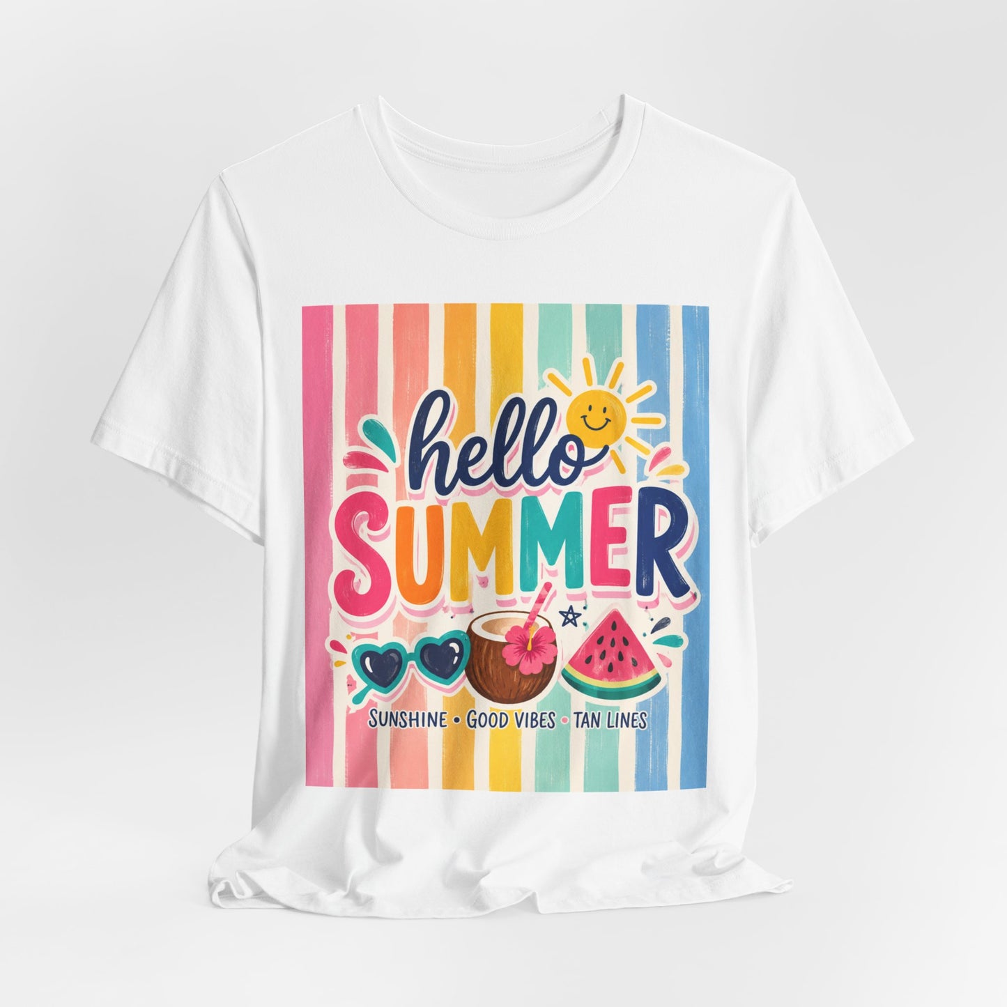 Sunflower Porch Co. Hello Summer Tee - Colorful Stripes, Sunshine & Watermelon Graphic