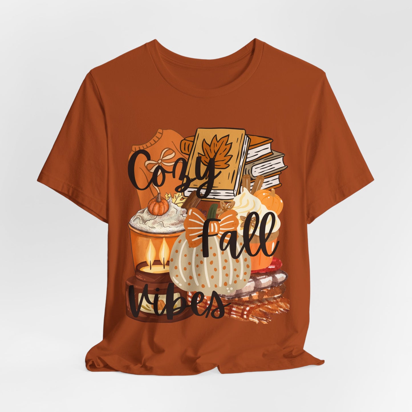 SunflowerPorchCo Cozy Fall Vibes T-Shirt | Pumpkin Books Candle Autumn Tee