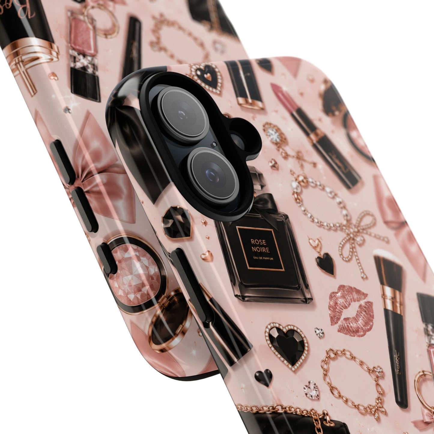 Sunflower Porch Co Glam Makeup Pattern Phone Case | Rose Gold Cosmetics, Perfume, Lipstick